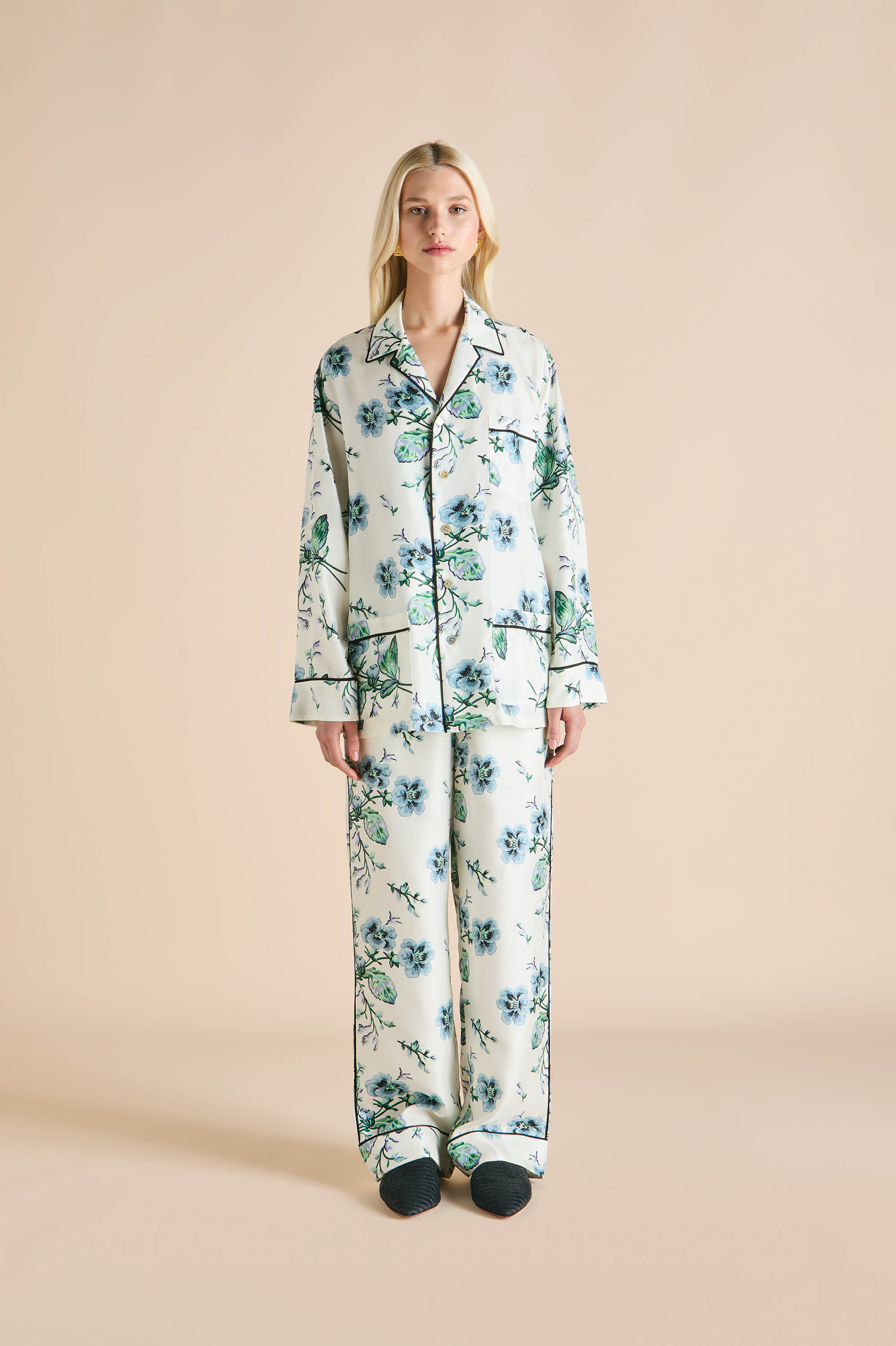 Yves Caldwell Ivory Floral Pyjamas in Silk Twill