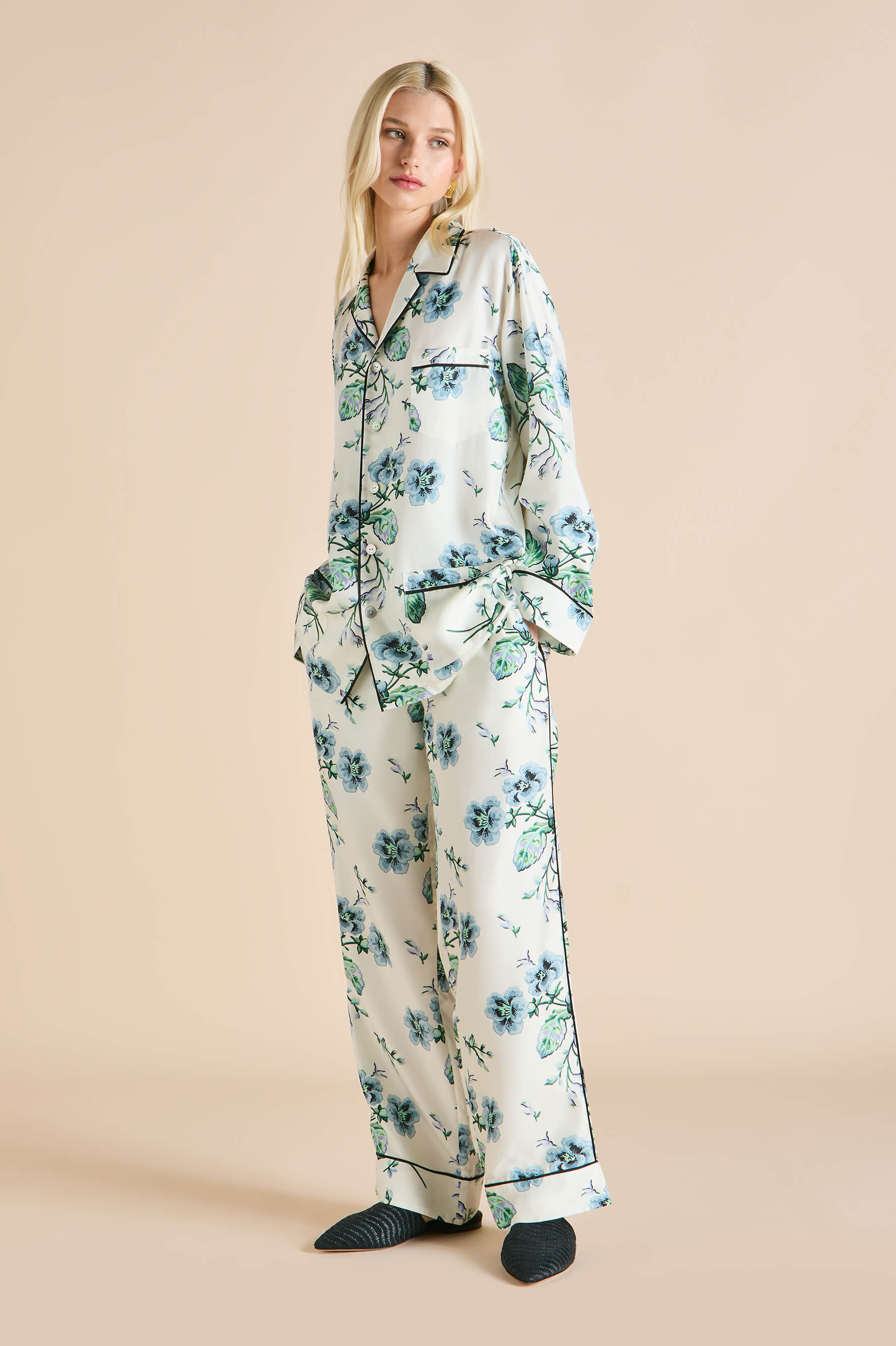 Yves Caldwell Ivory Floral Pyjamas in Silk Twill