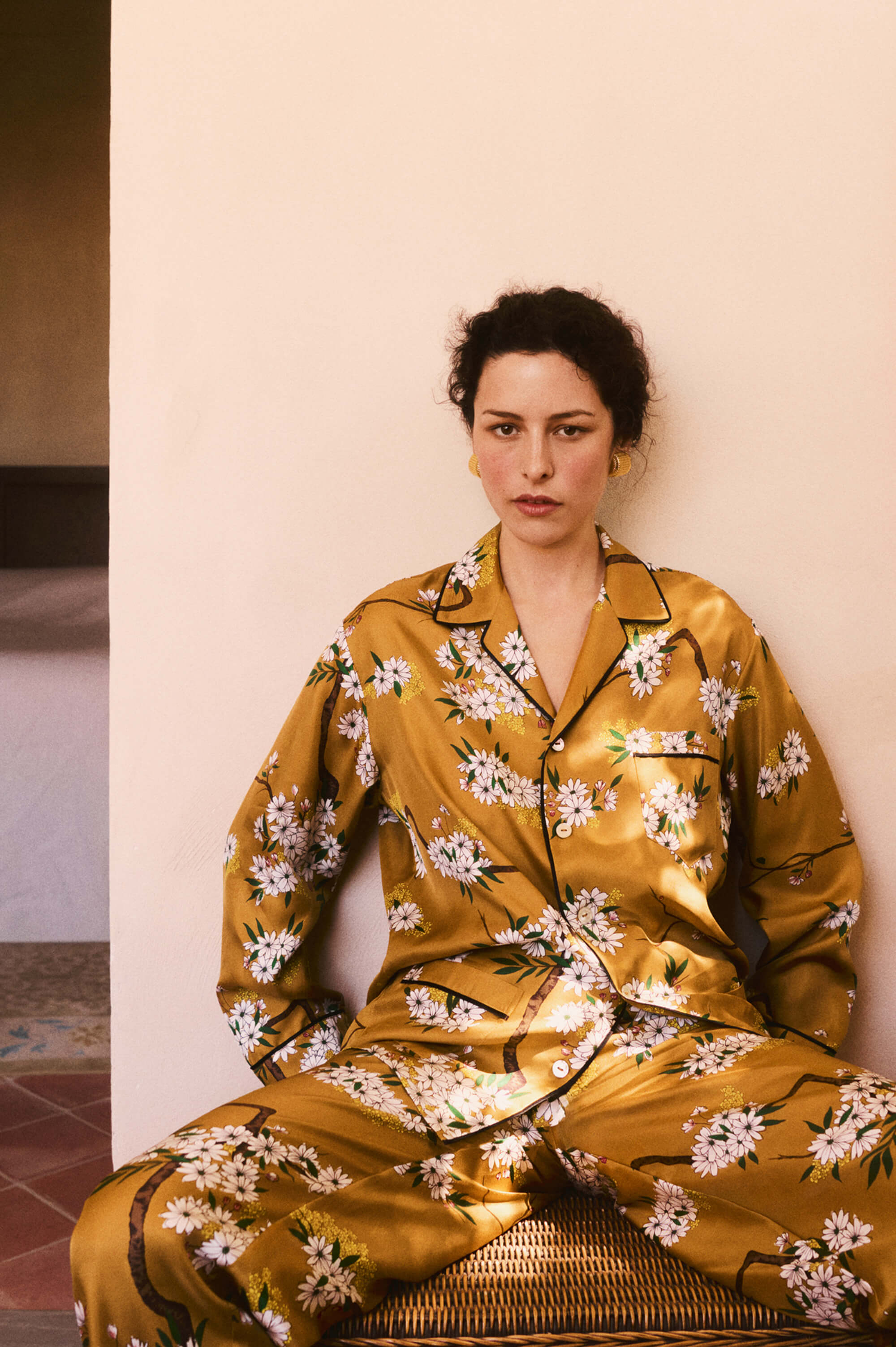 Yves Carmena Yellow Blossom Pyjamas in Silk Twill