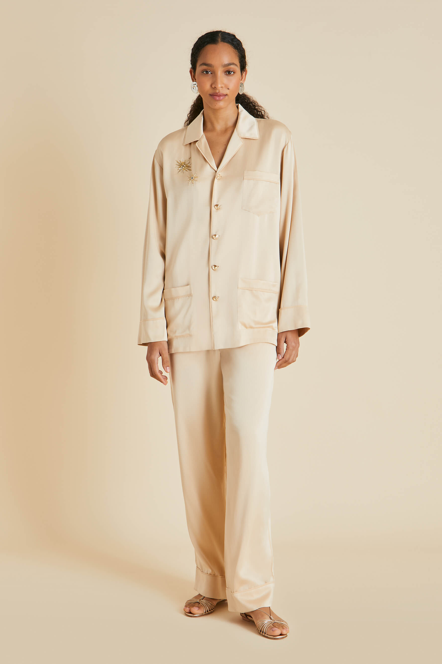 yves celestine caramel embellished pyjamas in sandwashed silk