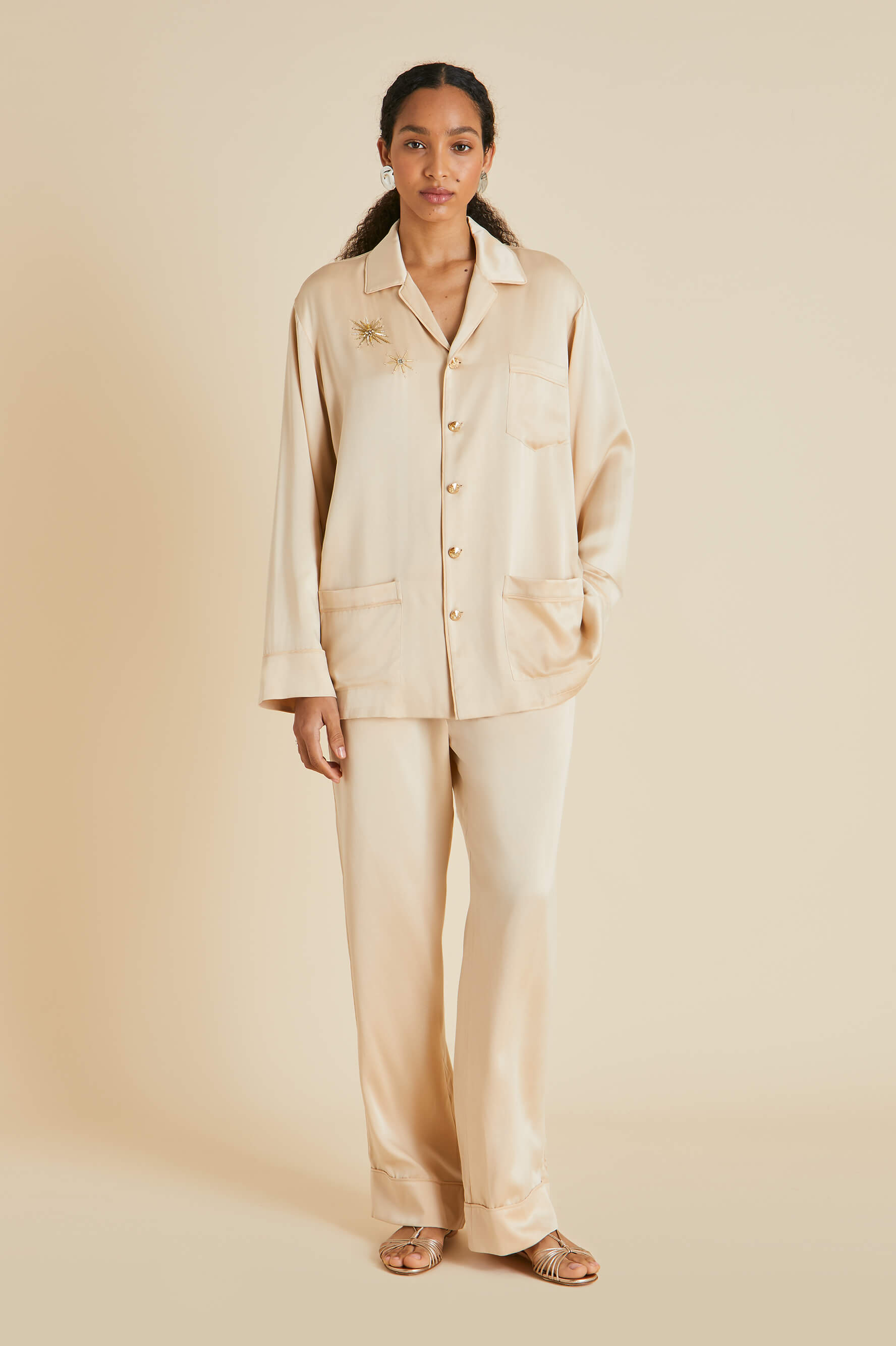 Yves Celestine Caramel Embellished Pyjamas in Sandwashed Silk