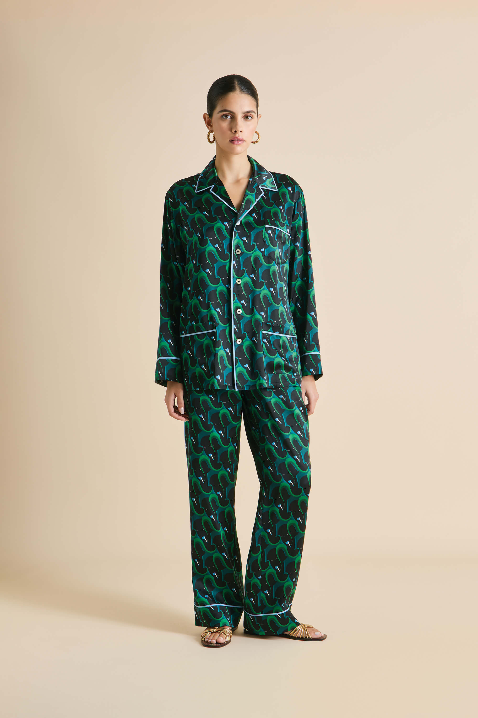 Yves Colette Green Figure Pyjamas in Silk Satin