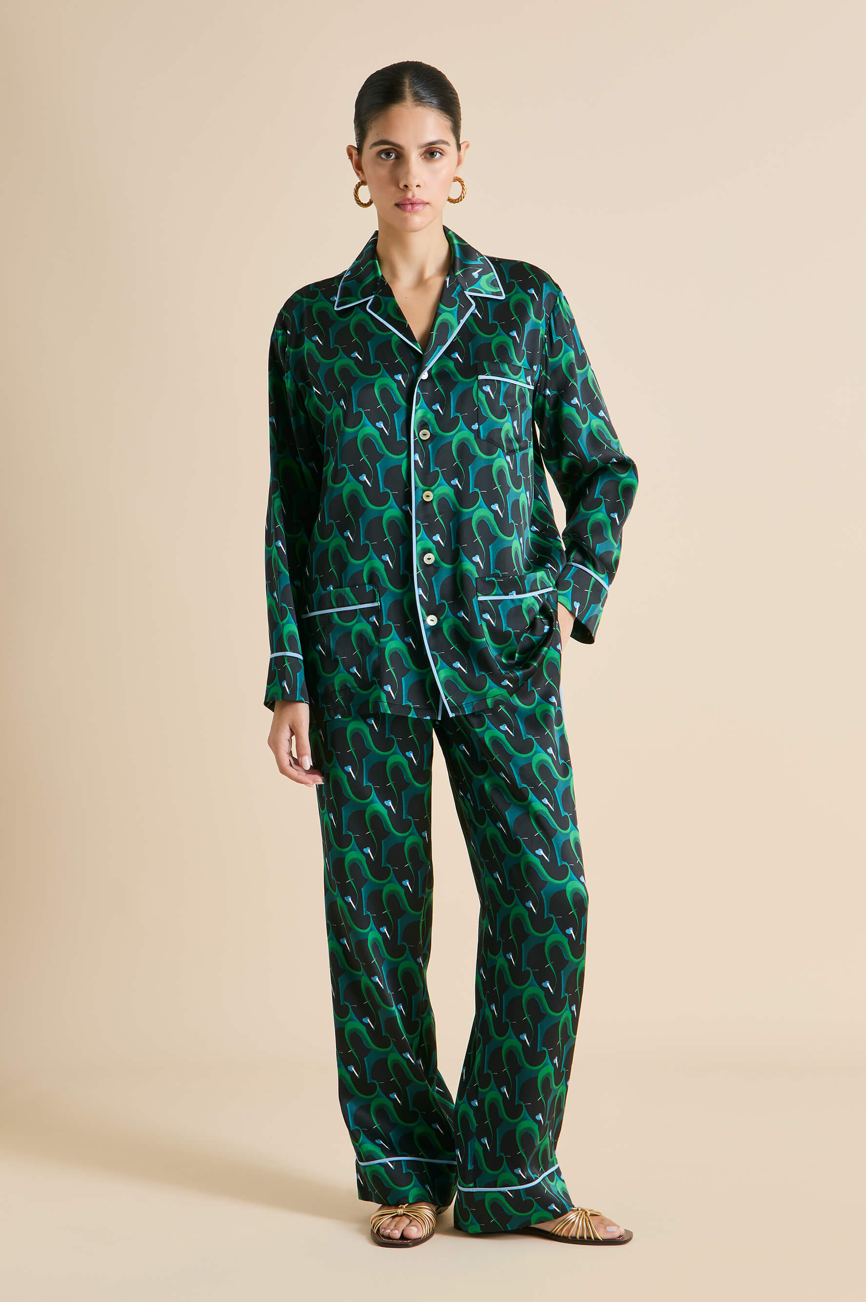 Yves Colette Green Figure Pyjamas in Silk Satin