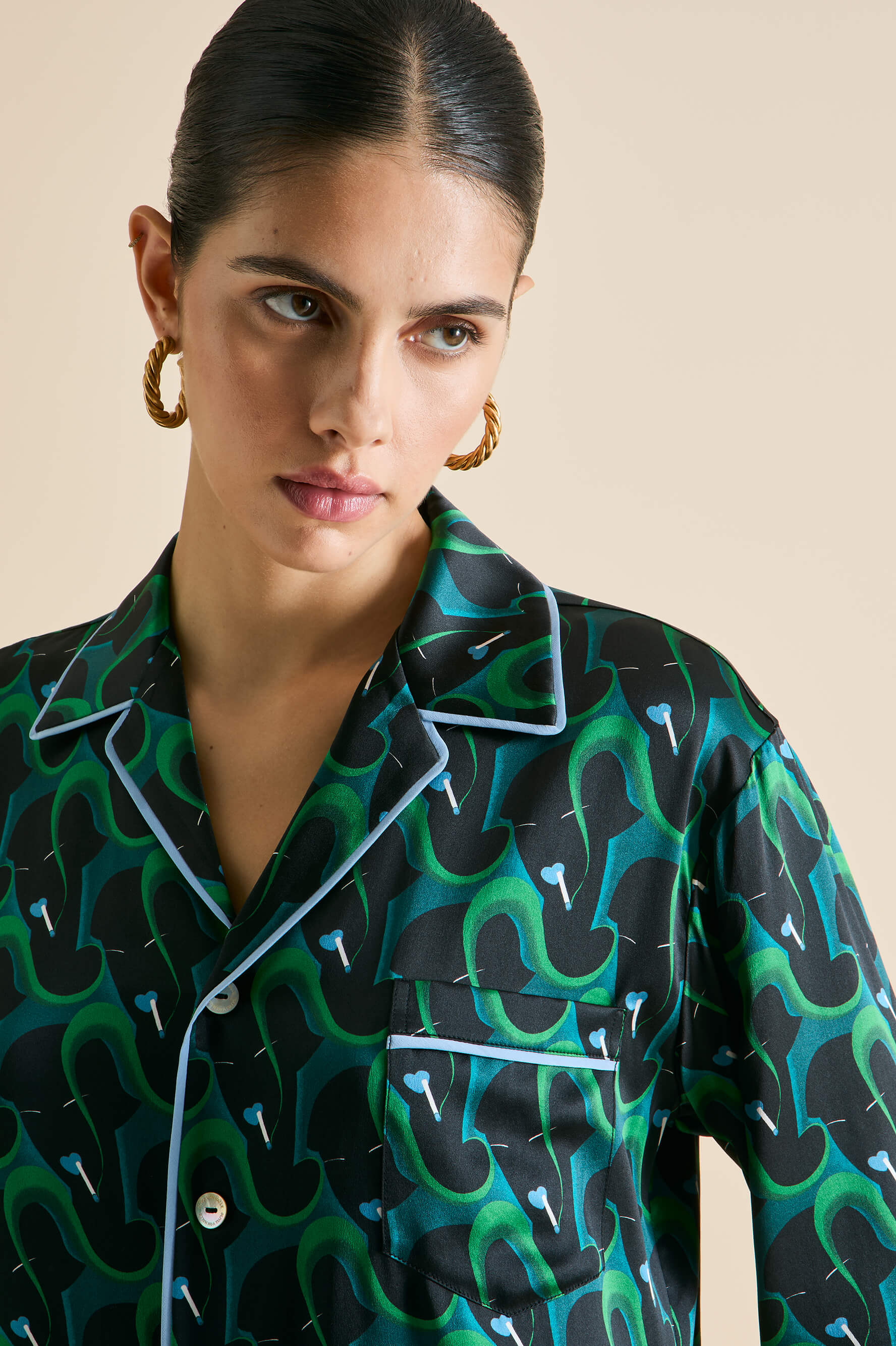 Yves Colette Green Figure Pyjamas in Silk Satin