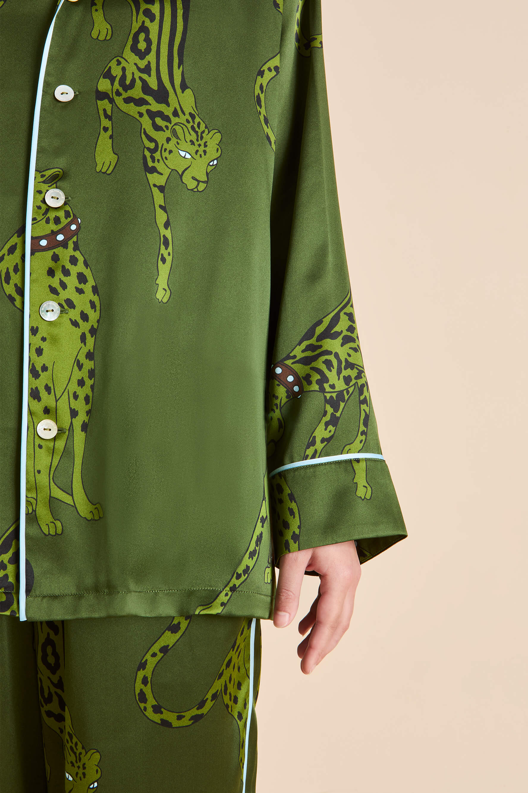 Yves Cosmos Green Leopard Pyjamas in Silk Satin