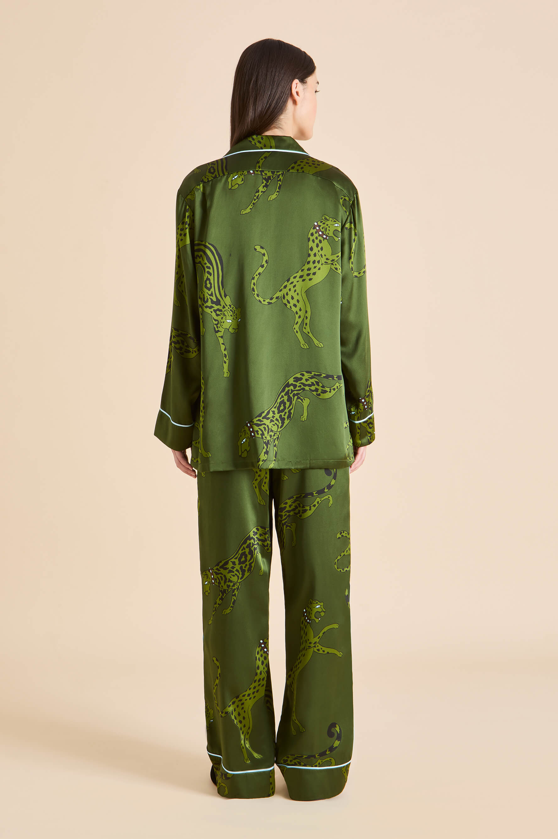 Yves Cosmos Green Leopard Pyjamas in Silk Satin