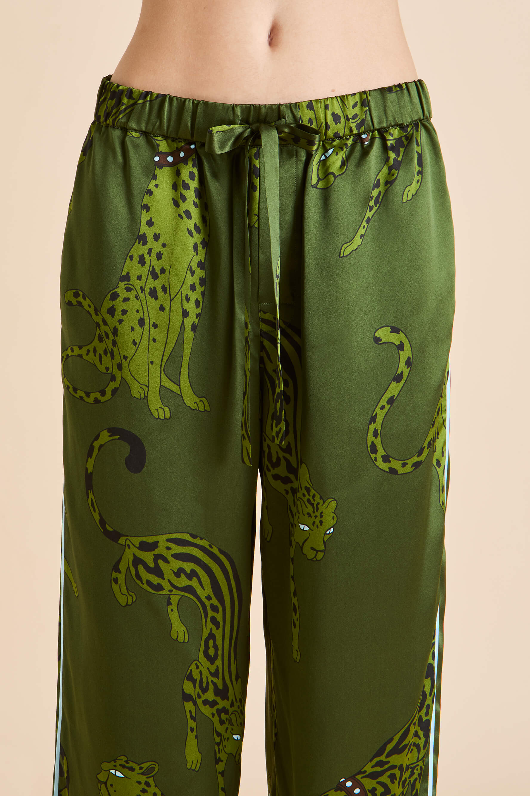 Yves Cosmos Green Leopard Pyjamas in Silk Satin