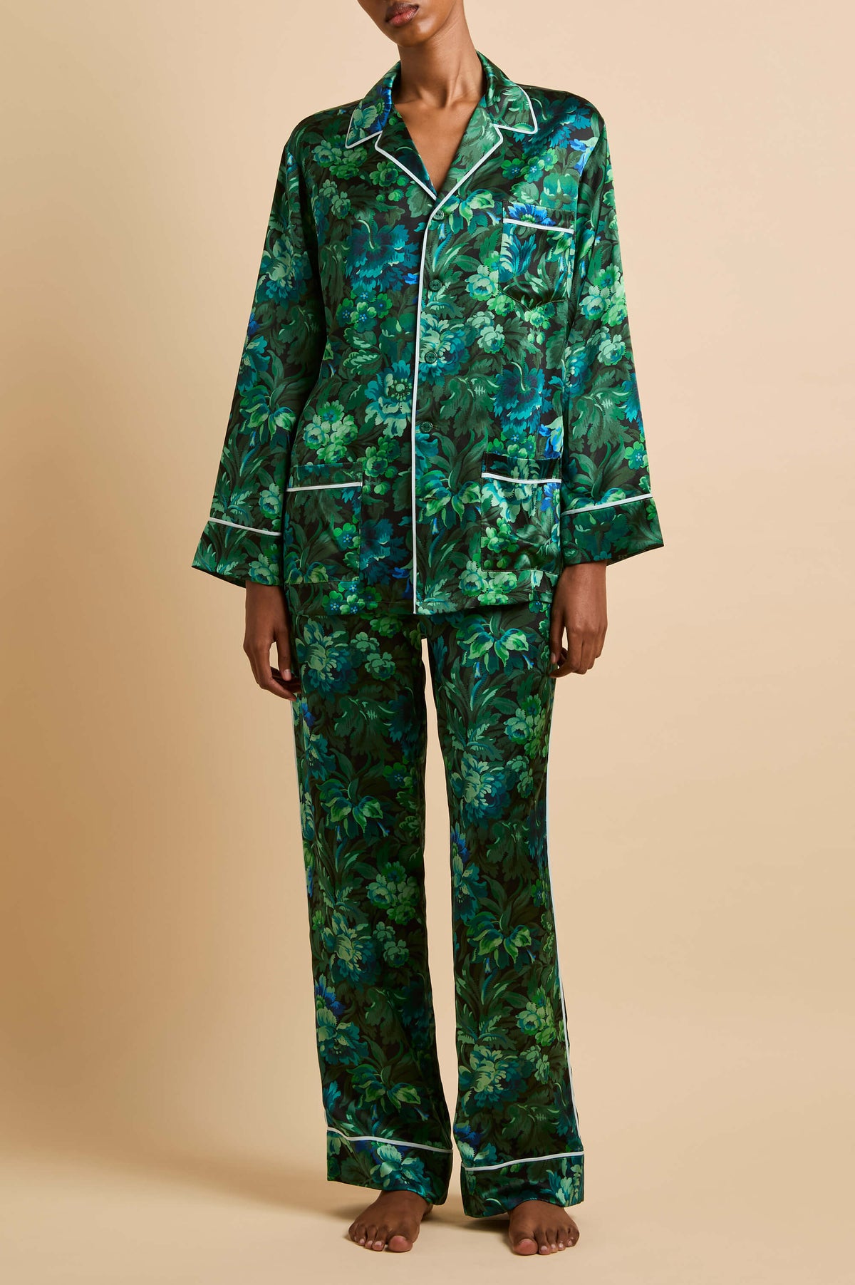 Yves Eden Green Floral Pyjamas in Silk Satin
