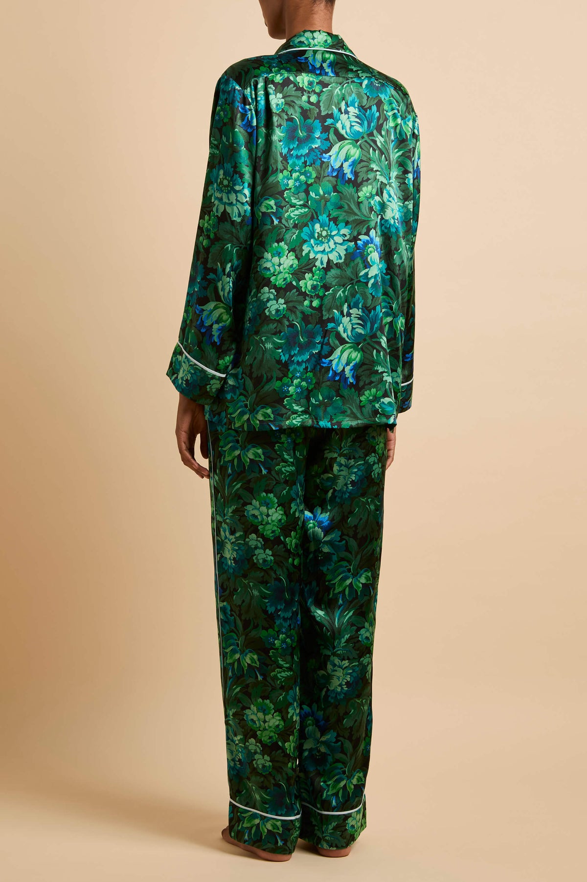 Yves Eden Green Floral Pyjamas in Silk Satin