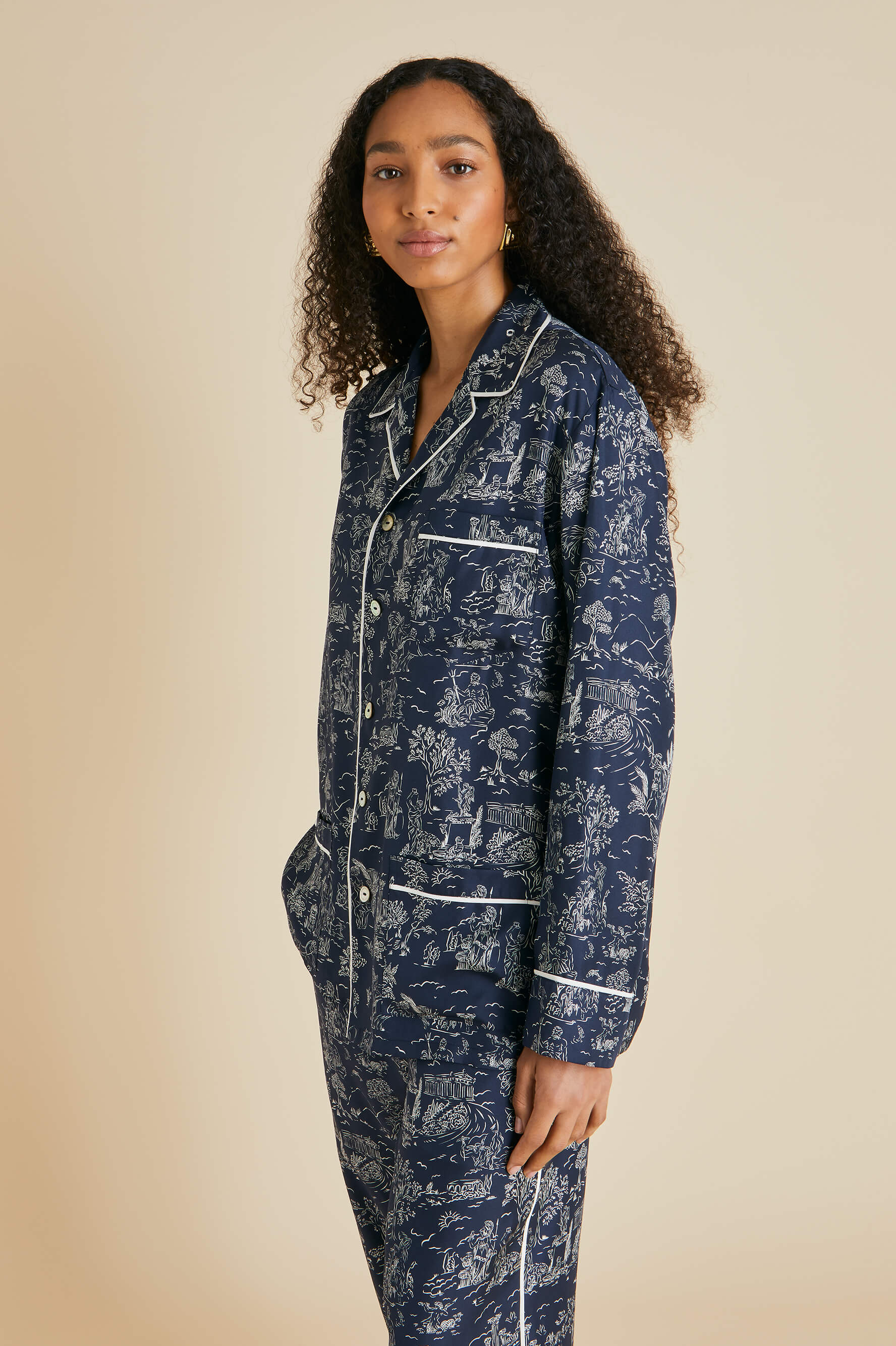 Yves Erebus Navy Toile de Jouy Pyjamas in Silk Twill