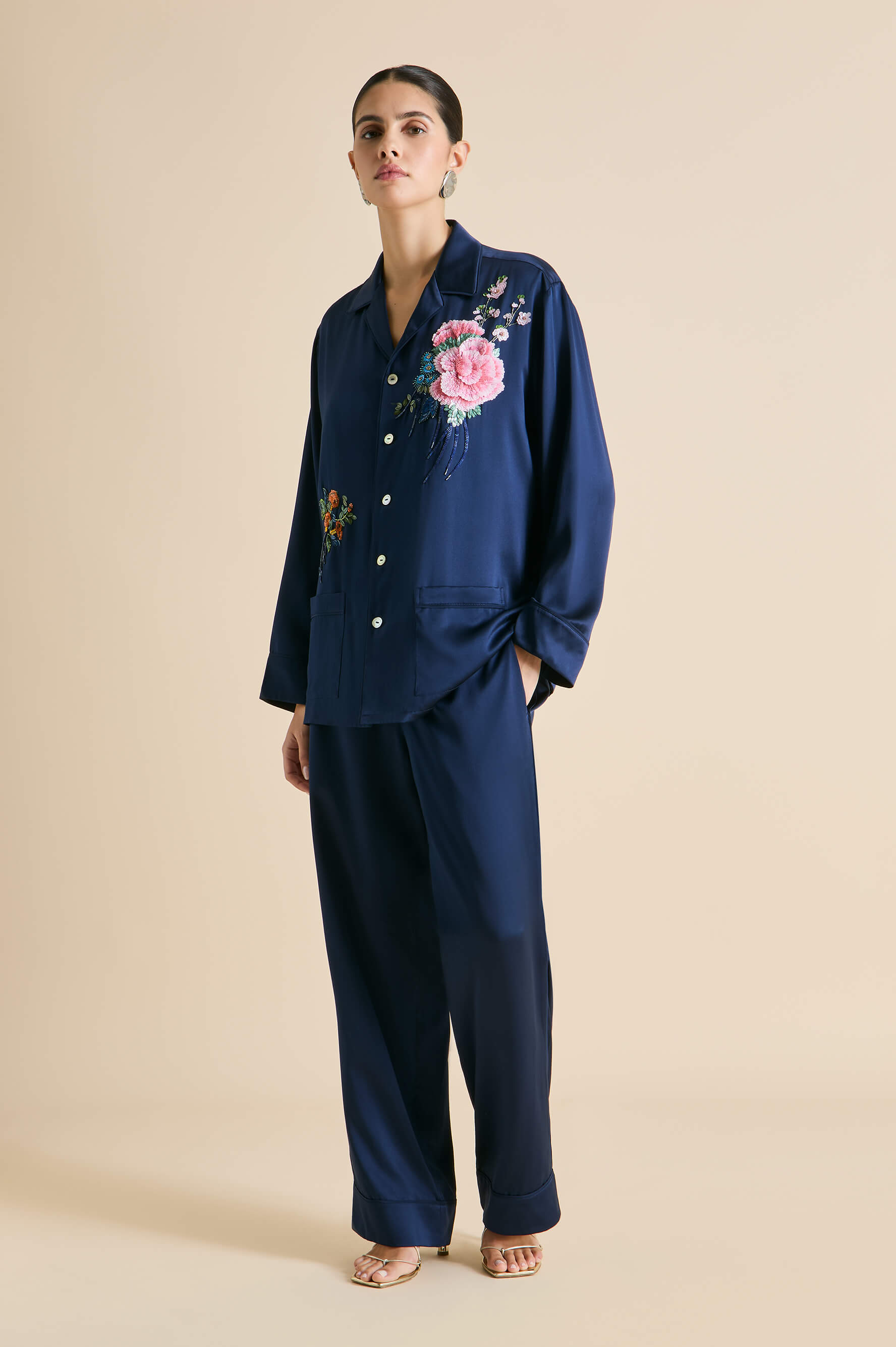 Yves Harmonies Navy Embellished Pyjamas in Silk Satin