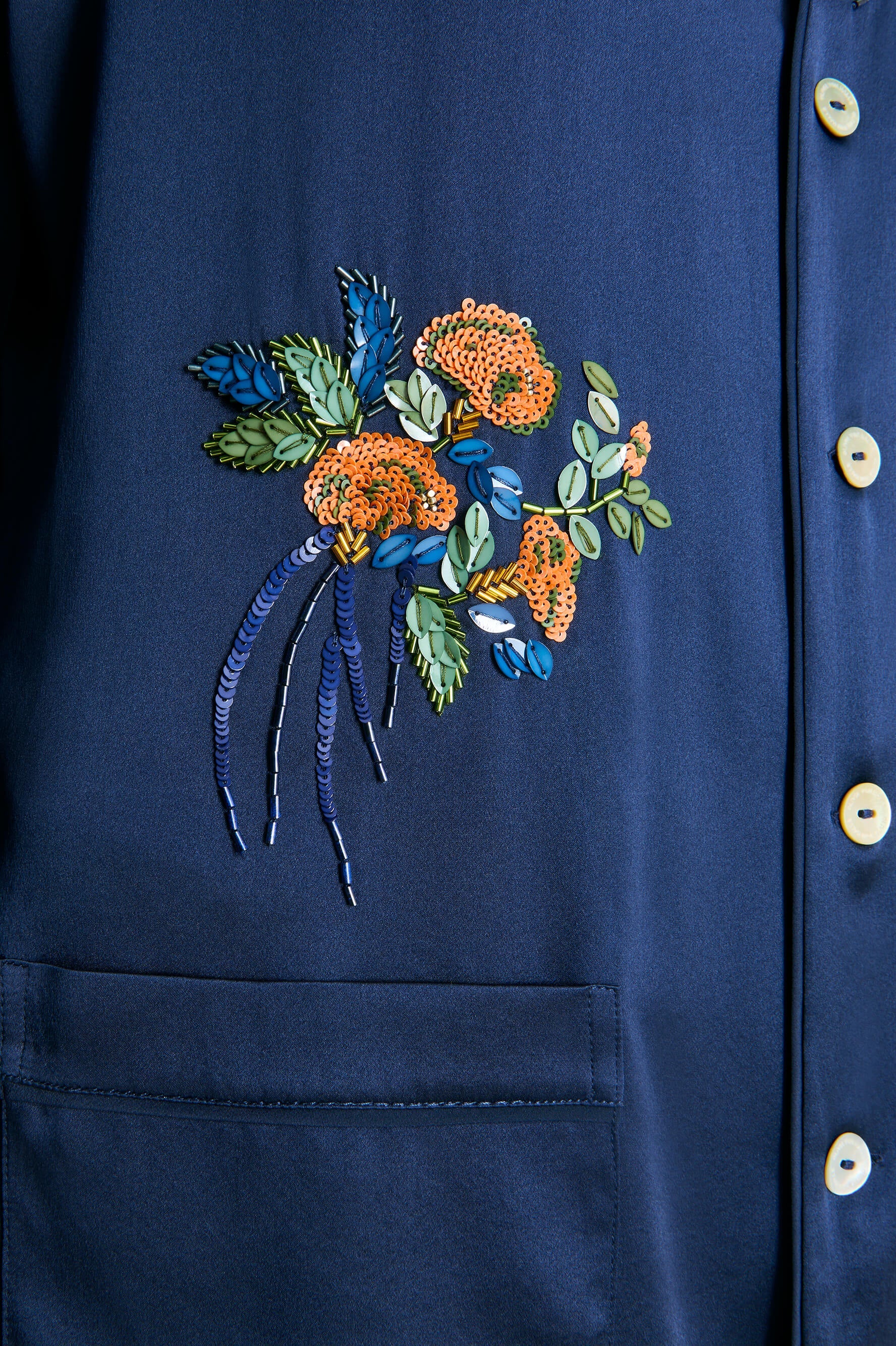 Yves Harmonies Navy Embellished Pajamas in Silk Satin