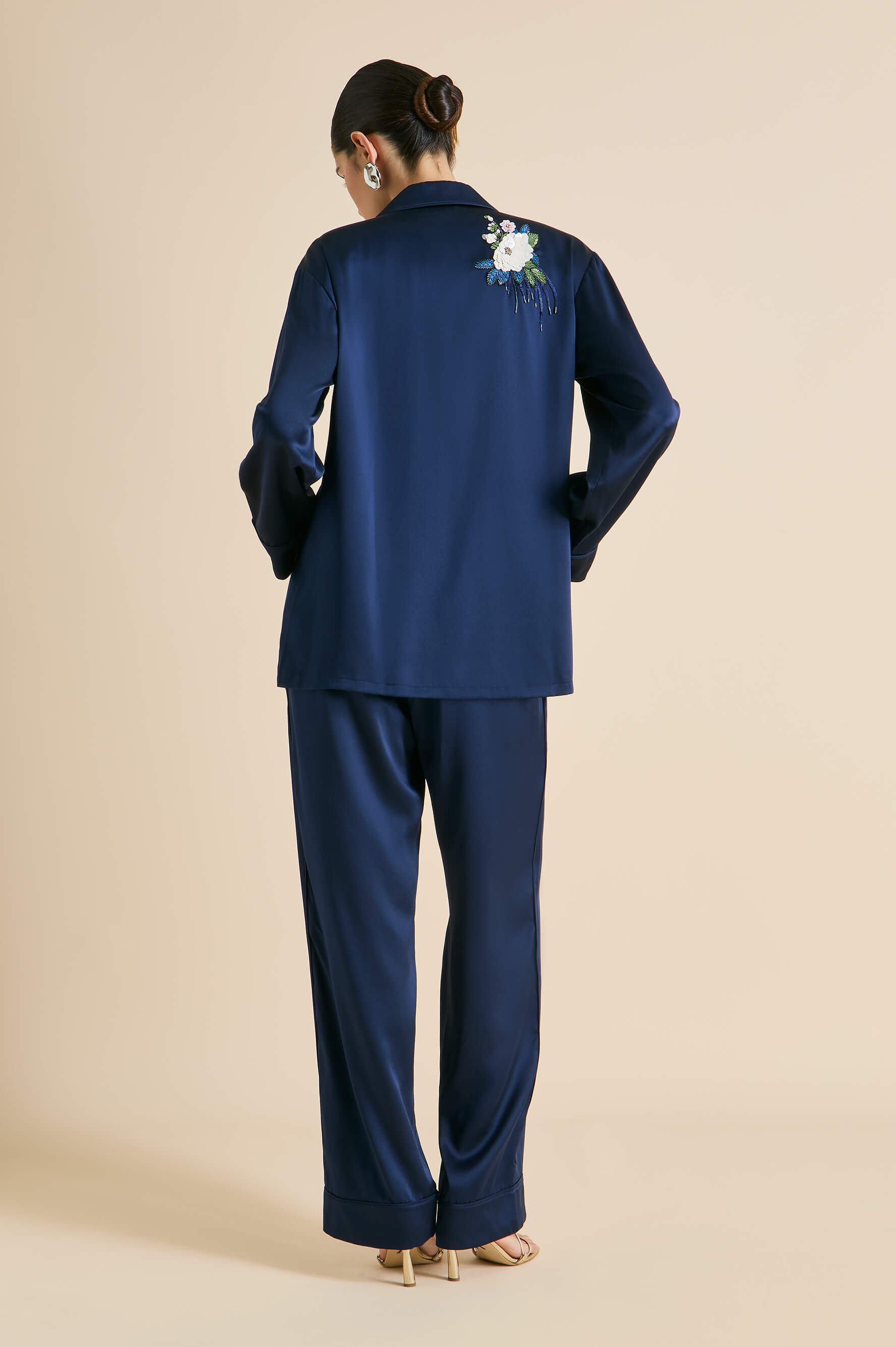 Yves Harmonies Navy Embellished Pyjamas in Silk Satin