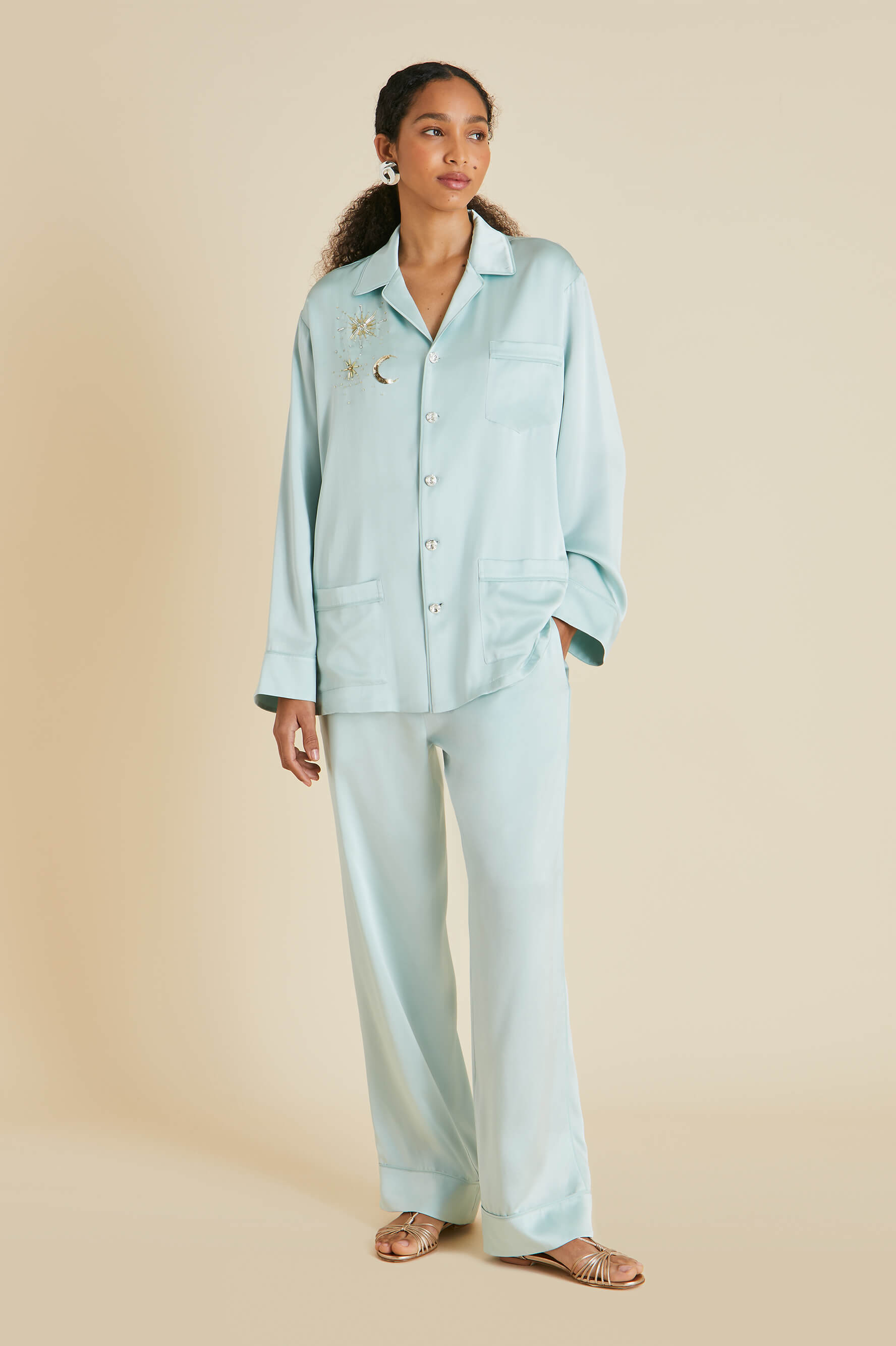 yves incantation blue embellished pyjamas in sandwashed silk