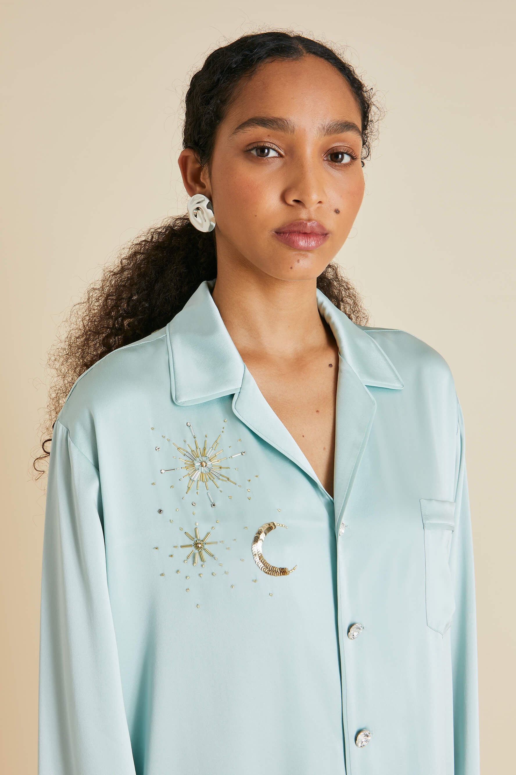 Yves Incantation Blue Embellished Pyjamas in Sandwashed Silk