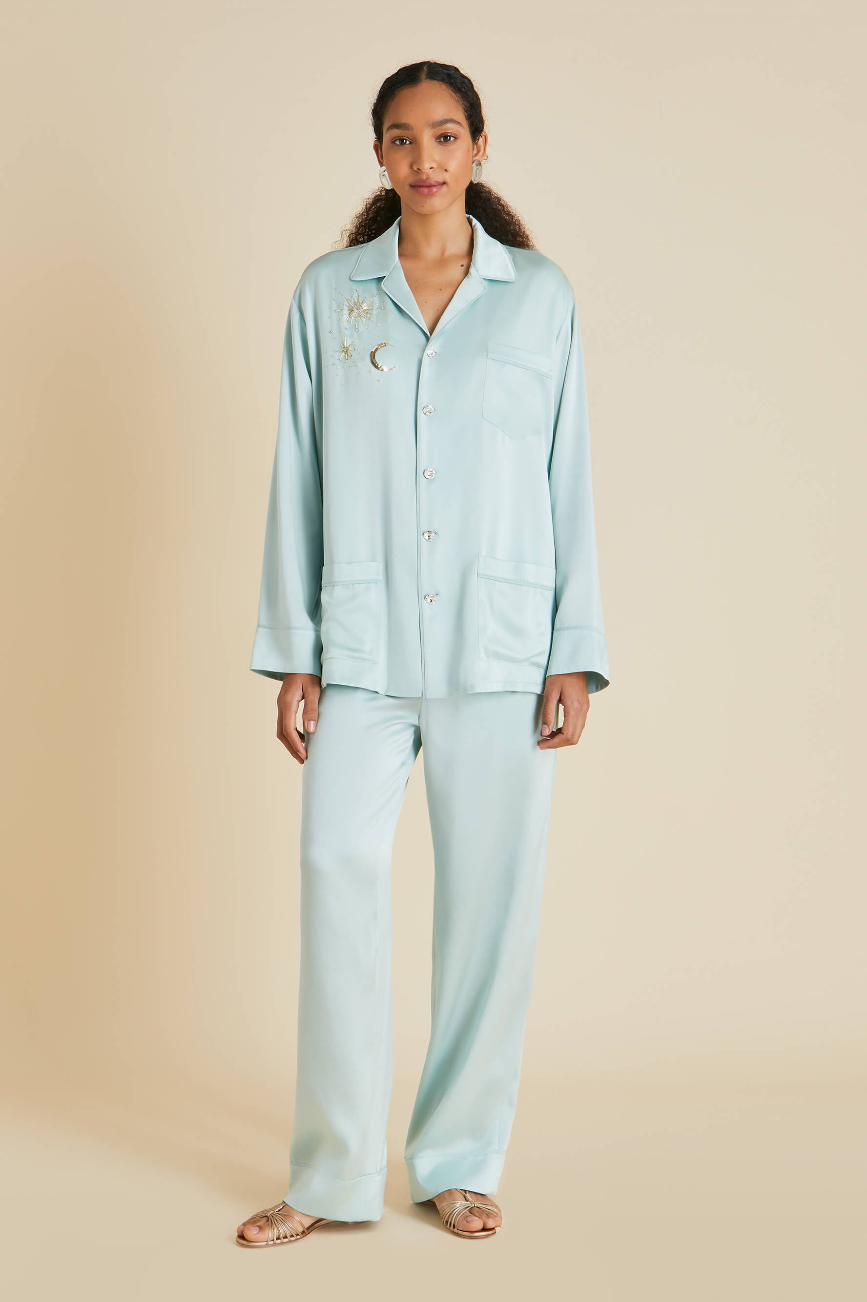 Yves Incantation Blue Embellished Pyjamas in Sandwashed Silk