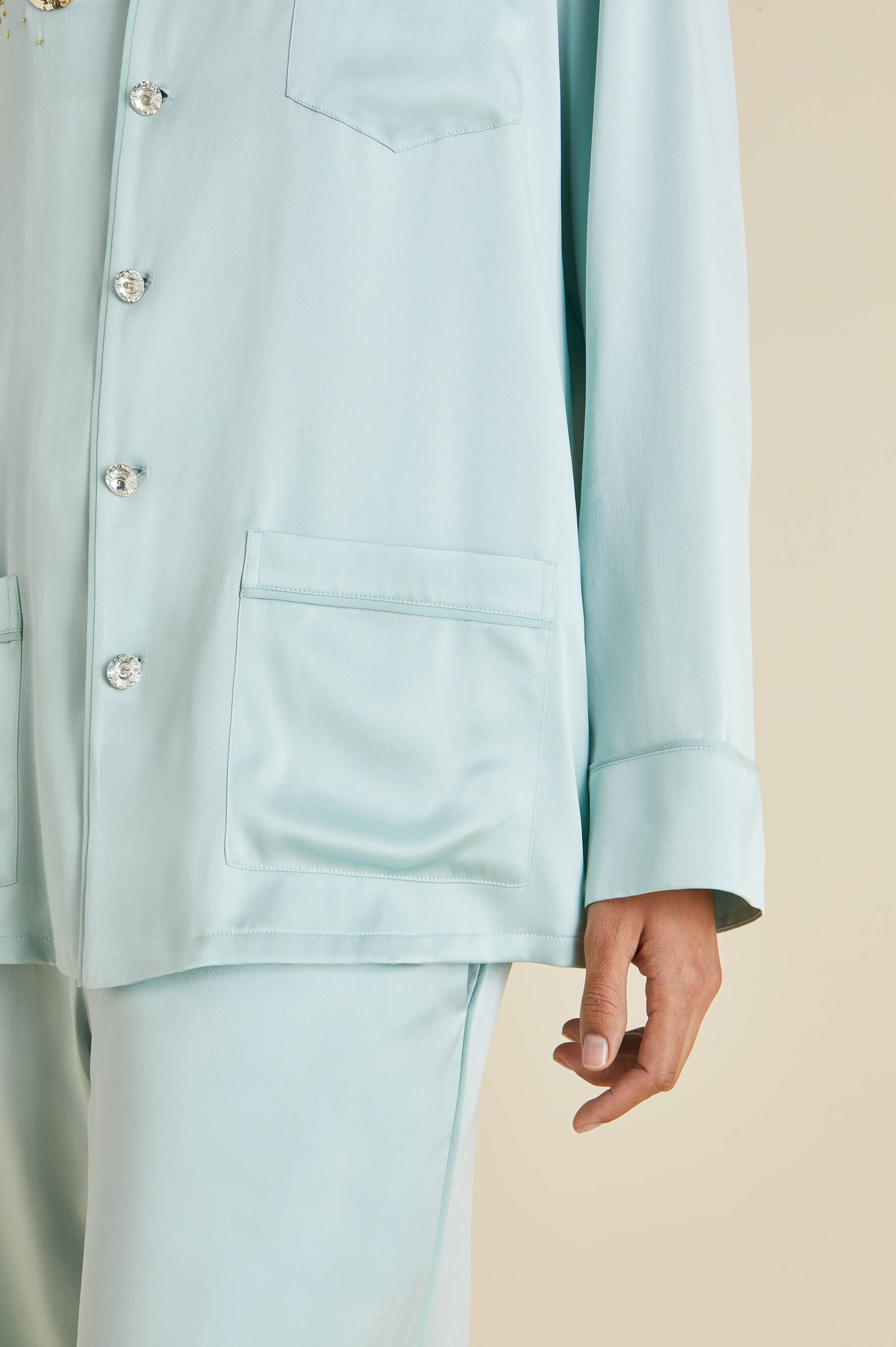 Yves Incantation Blue Embellished Pyjamas in Sandwashed Silk