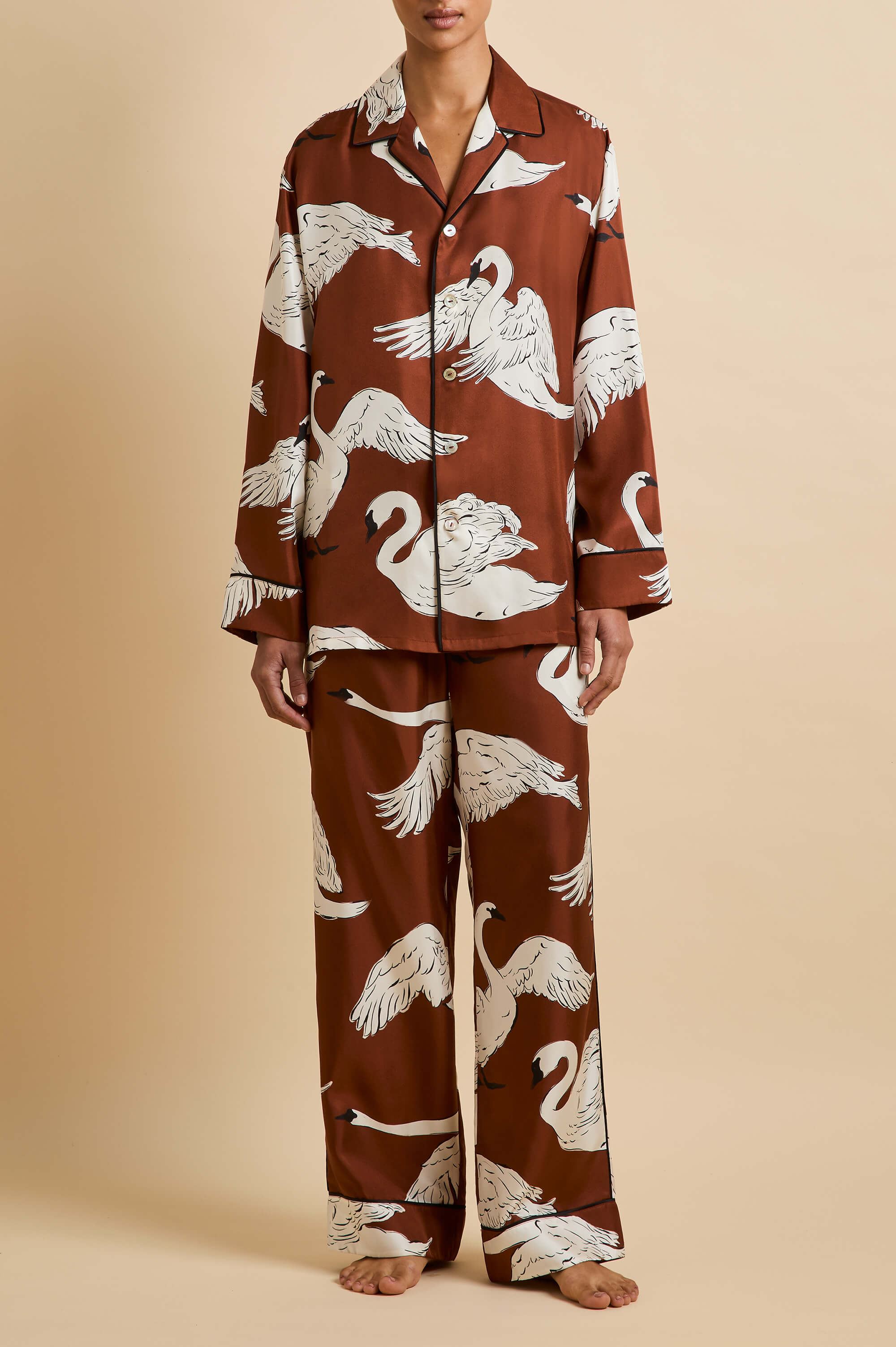 Yves Inés Brown Swan Pajamas in Silk Twill