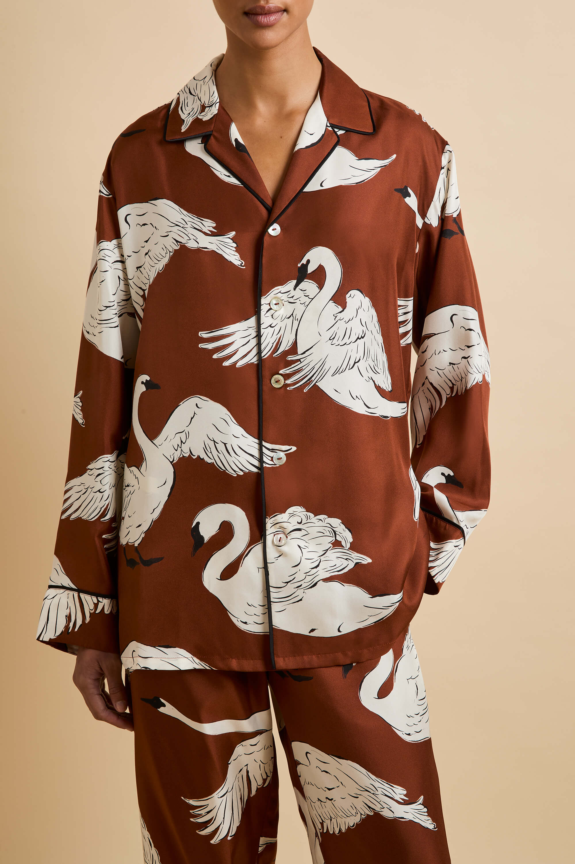 Yves Inés Brown Swan Pajamas in Silk Twill