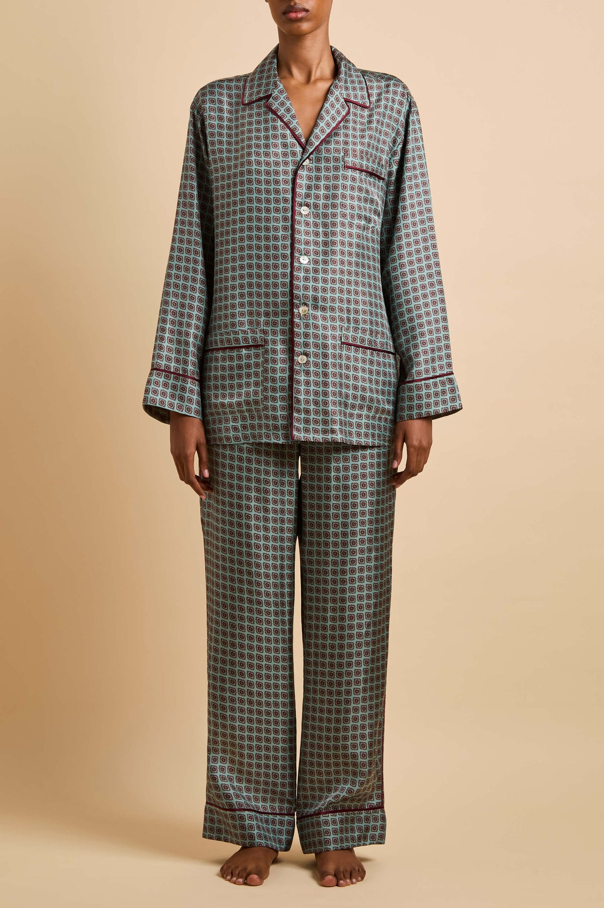 Yves Lazuli Blue Geometric Pyjamas in Silk Twill