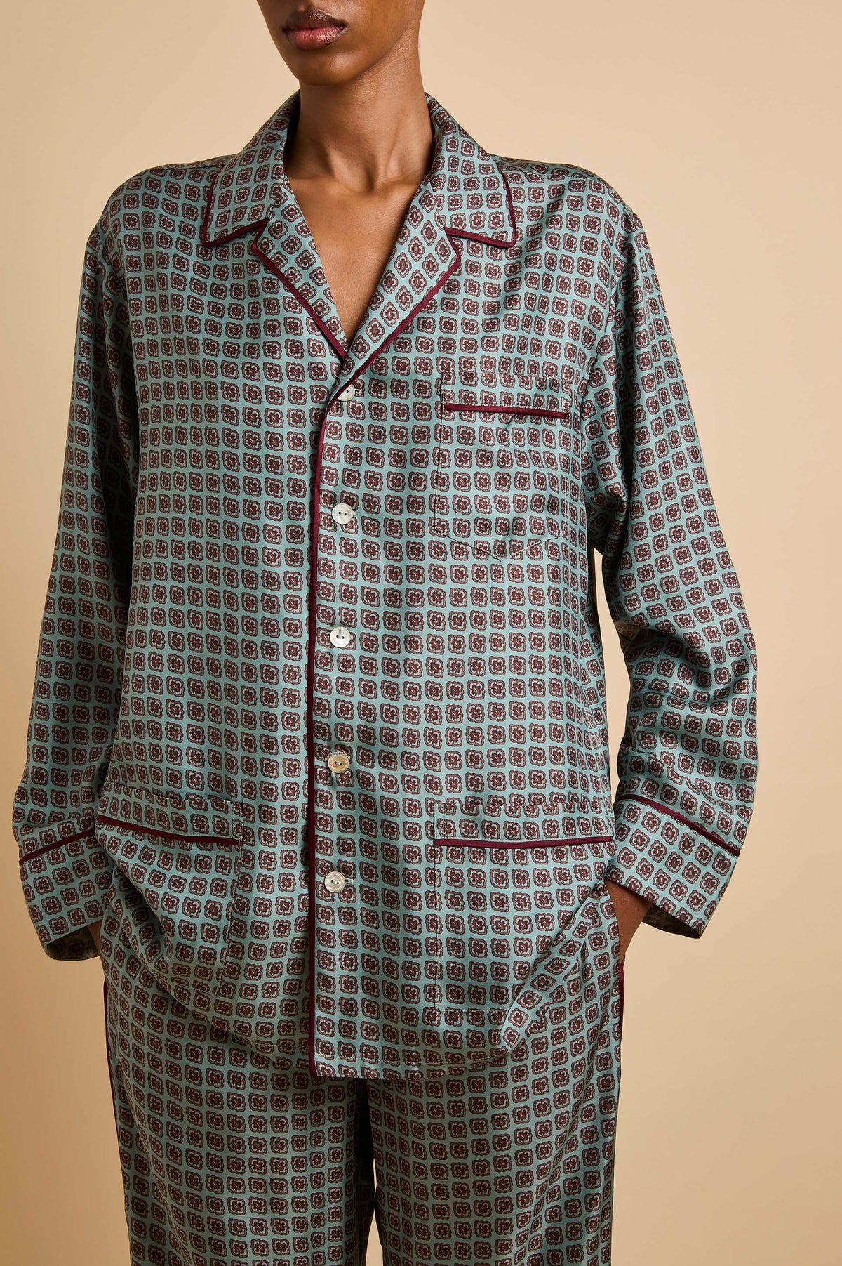 Yves Lazuli Blue Geometric Pyjamas in Silk Twill