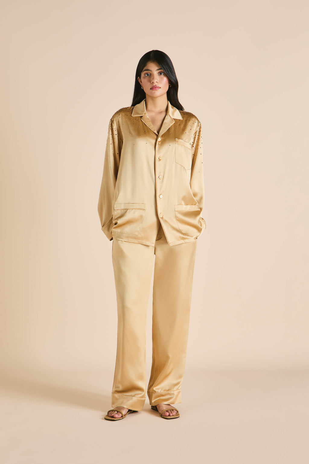 Yves Lune Caramel Embellished Pyjamas in Silk Satin Olivia von Halle