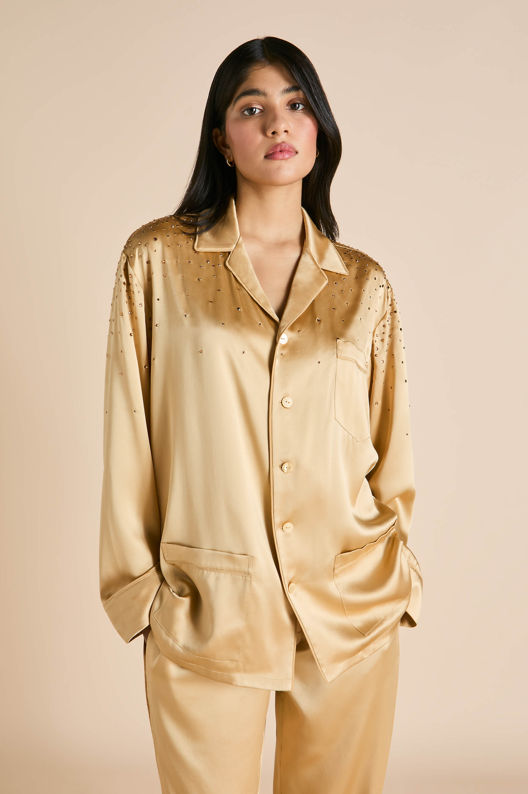 Yves Lune Caramel Embellished Pyjamas in Silk Satin