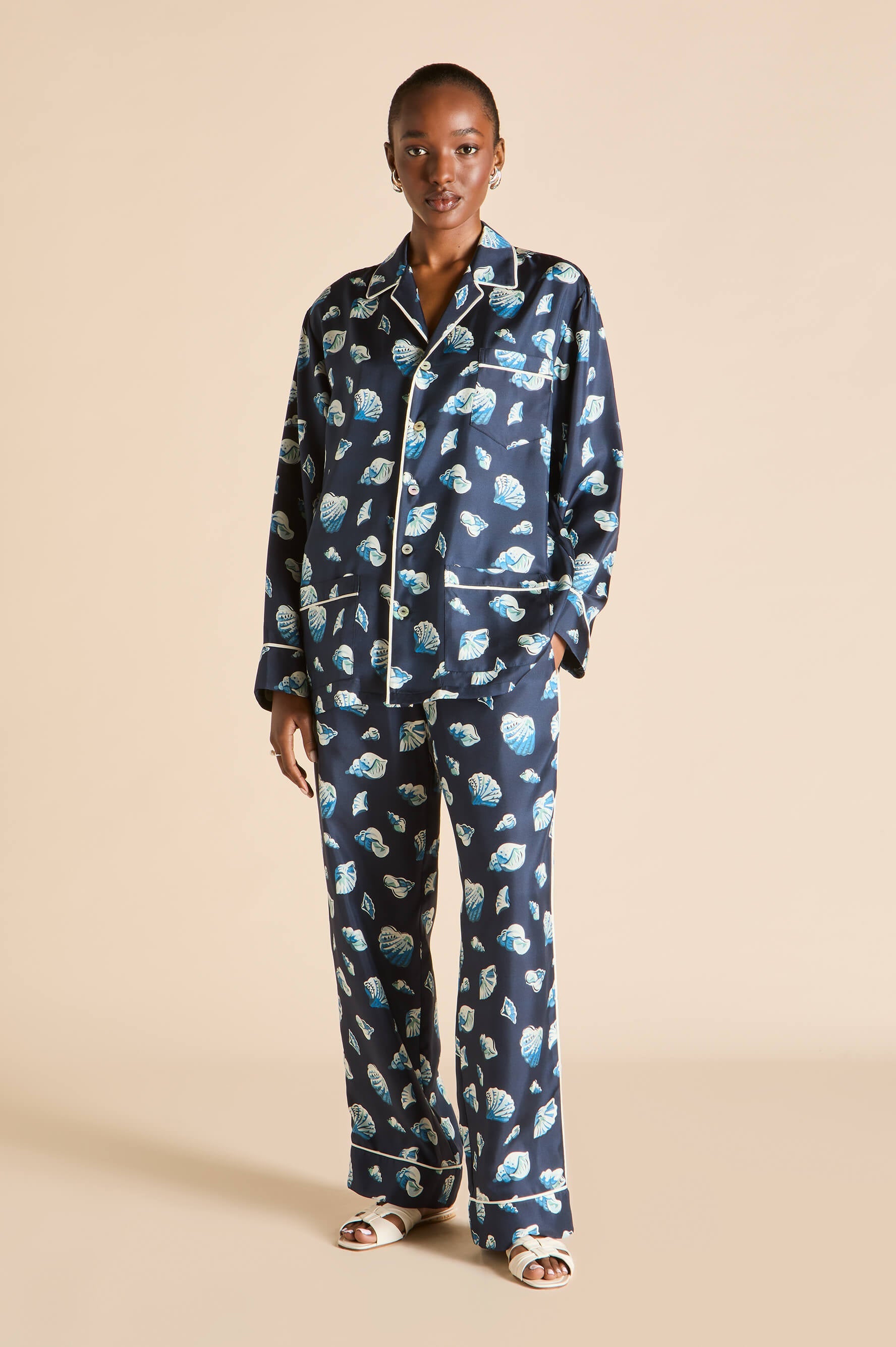 Yves Nautilus Navy Seashell Pajamas in Silk Twill | Olivia von Halle