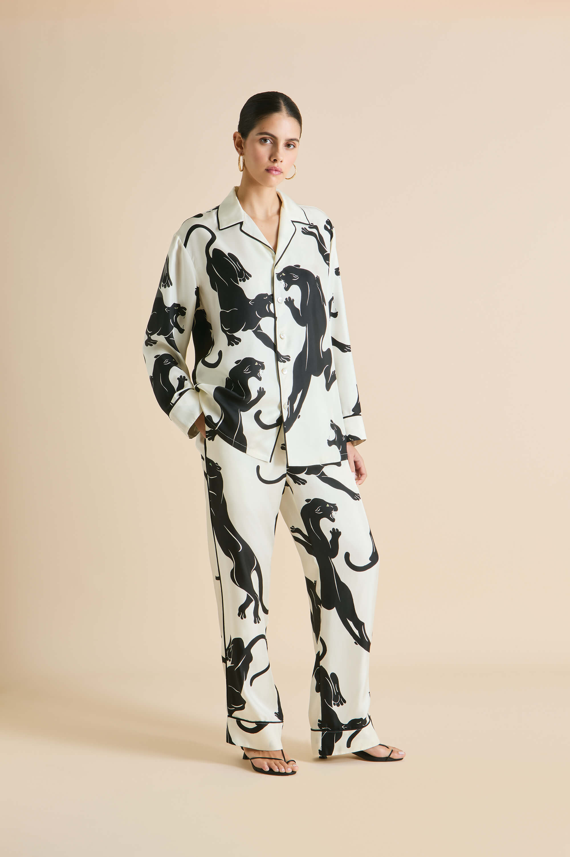 Yves Romain Ivory Panther Pyjamas in Silk Twill