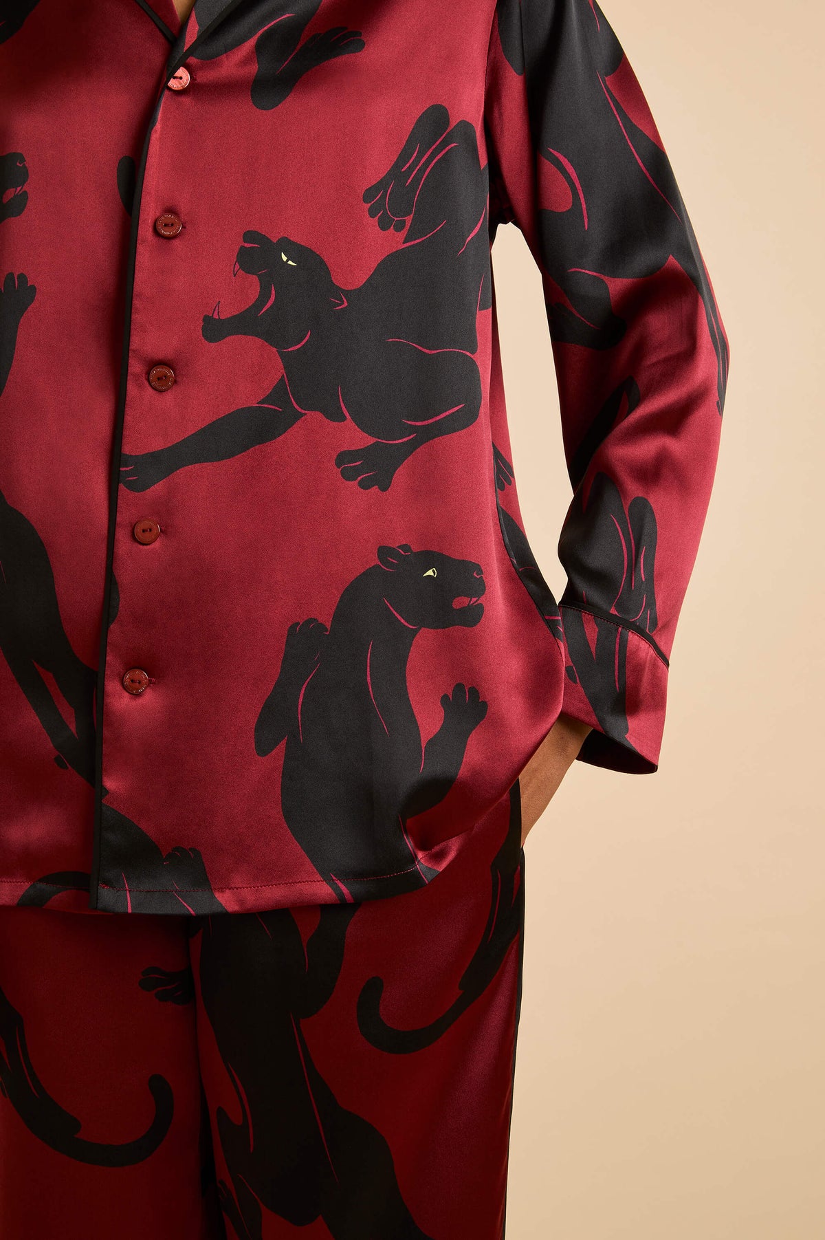 yves rovelle red panther pyjamas in silk satin 