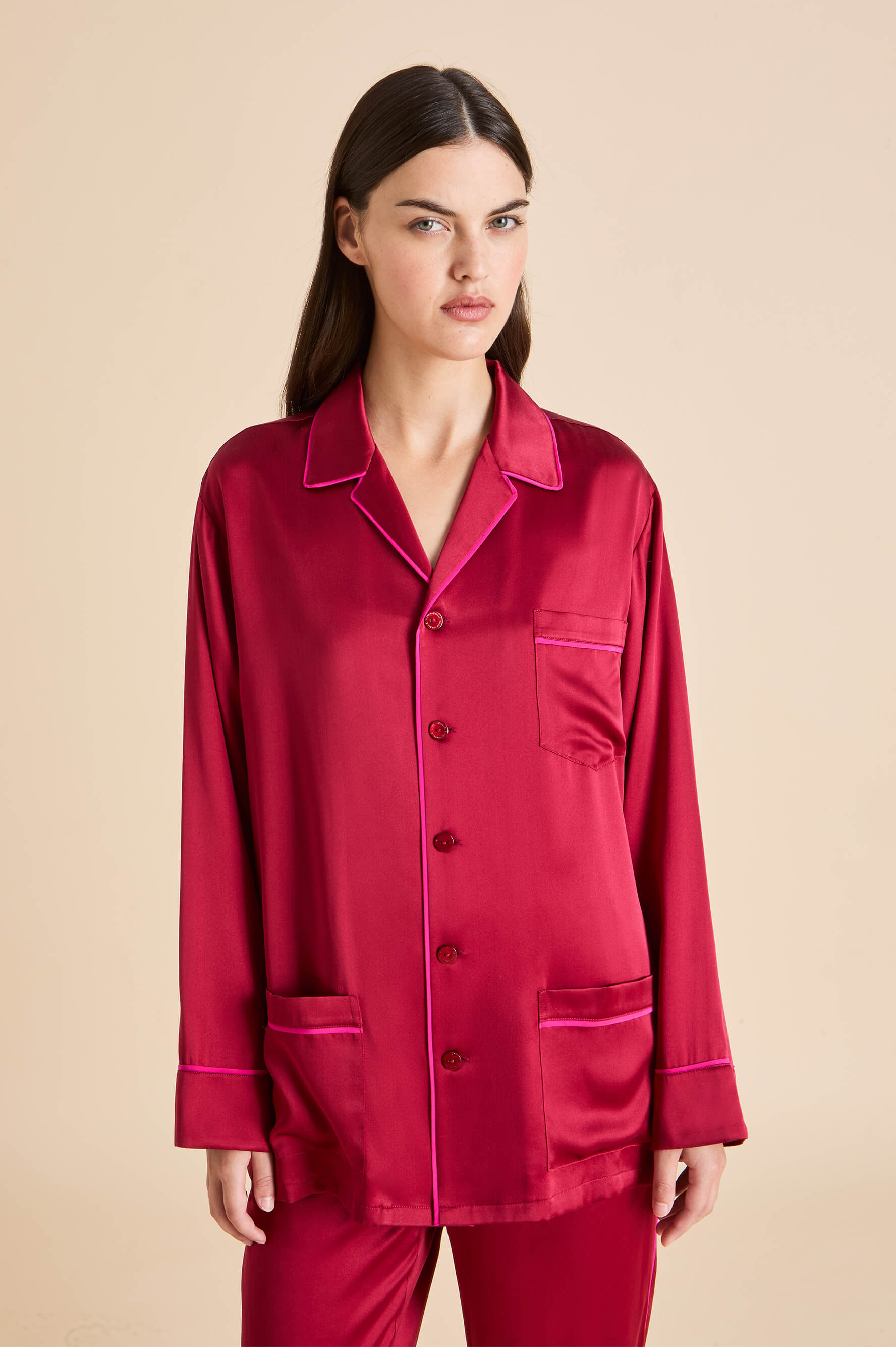 yves russet red pyjamas in silk satin 