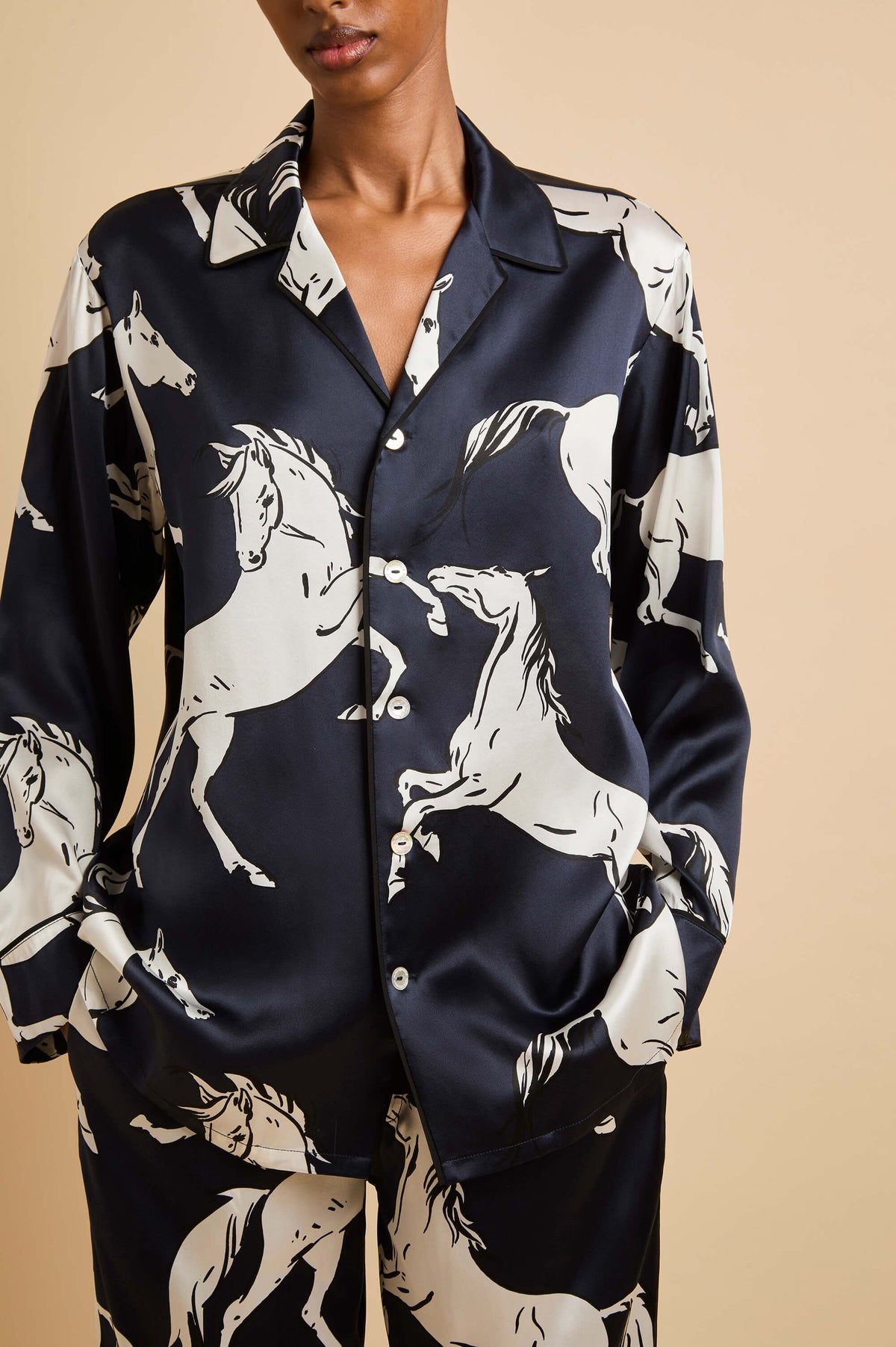 yves sable navy horse pyjamas in silk satin 