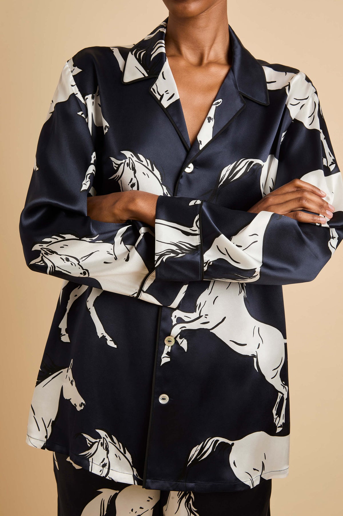 Yves Sable Navy Horse Pyjamas in Silk Satin