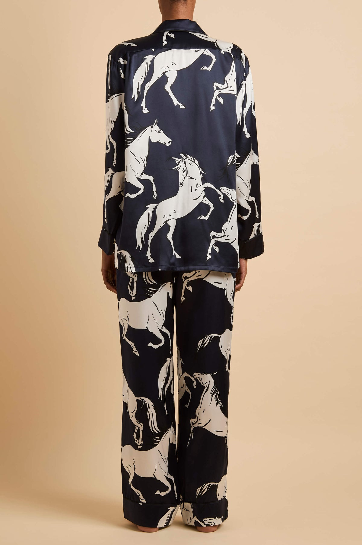 Yves Sable Navy Horse Pyjamas in Silk Satin
