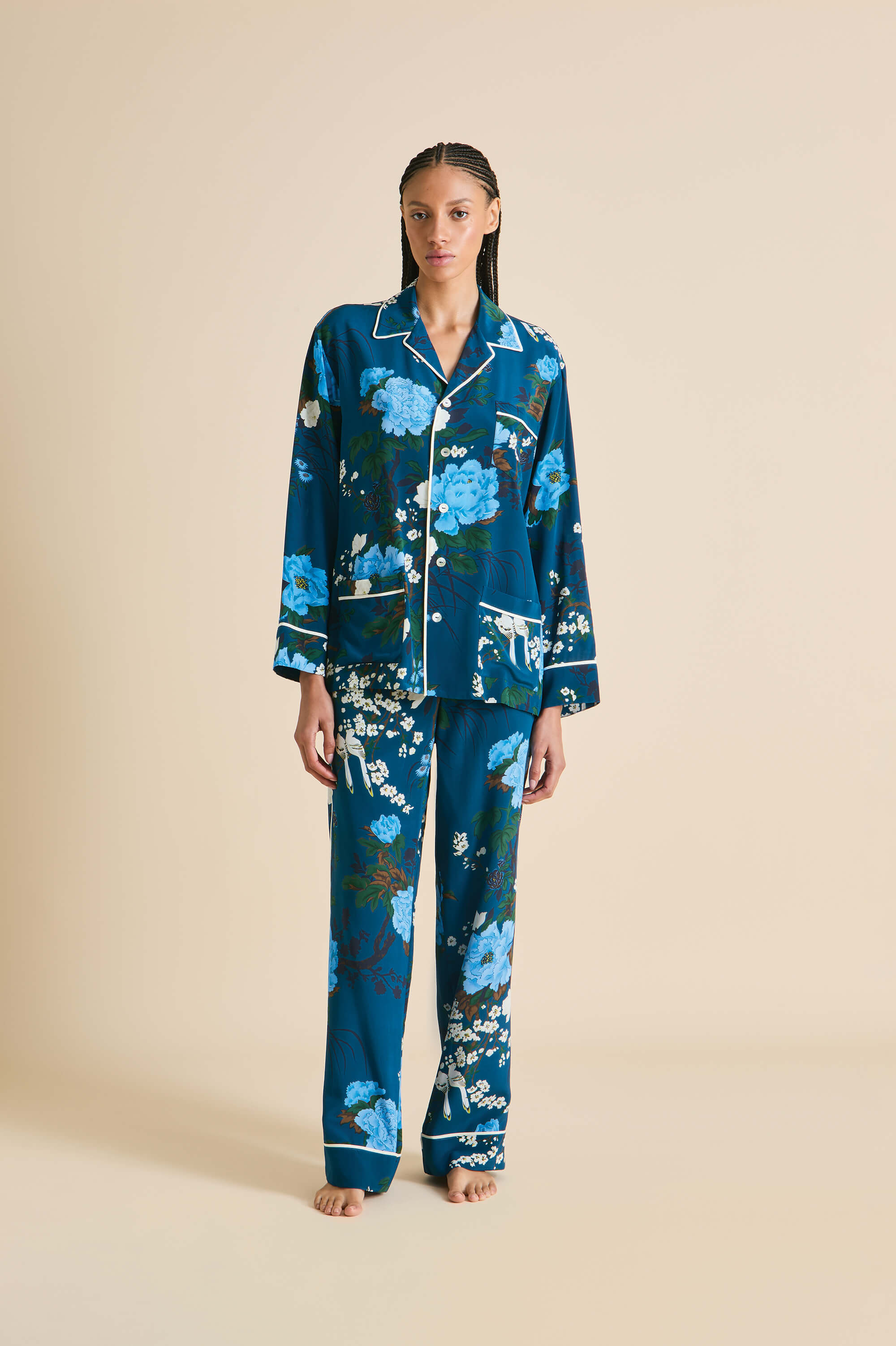 Yves Tibatant Blue Floral Pyjamas in Silk Crêpe de Chine