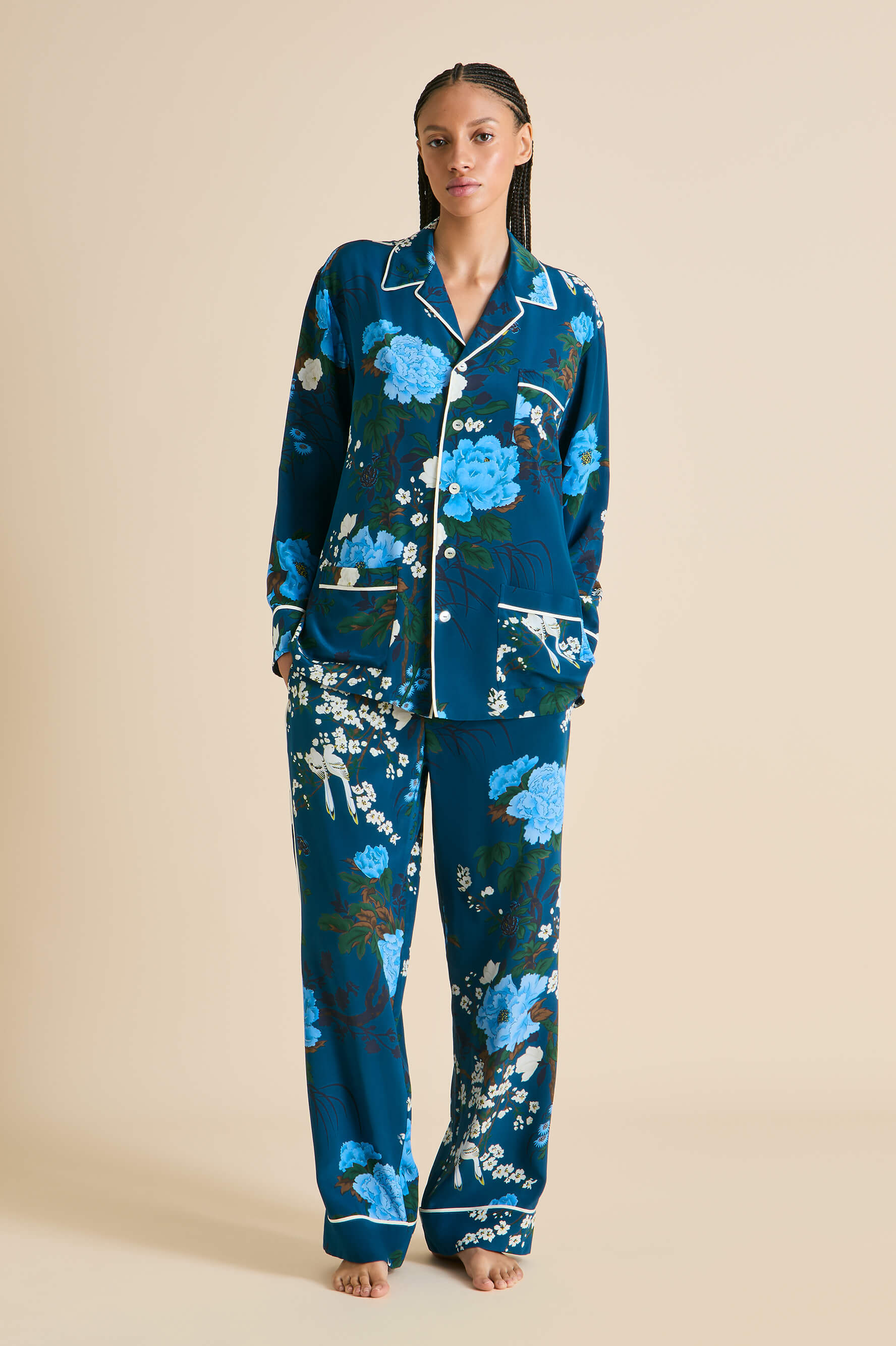 Yves Tibatant Blue Floral Pyjamas in Silk Crêpe de Chine