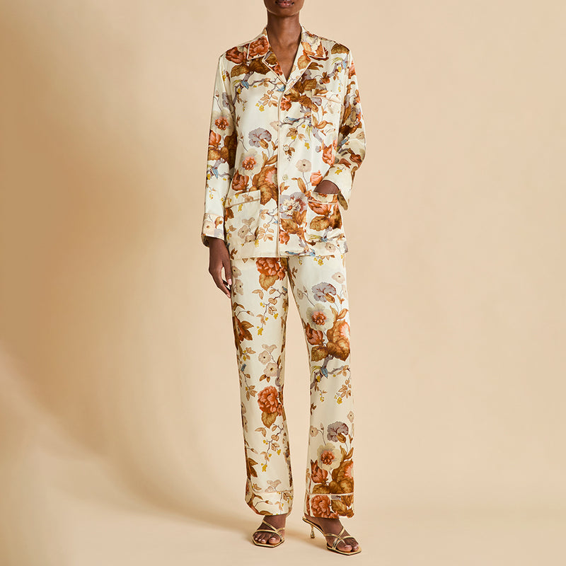 Yves Violette Cream Floral Pyjamas in Silk Satin