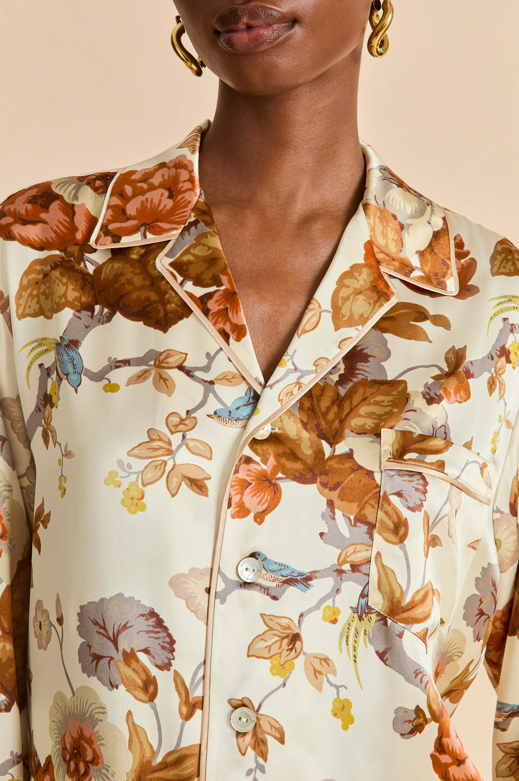 Yves Violette Cream Floral Pajamas in Silk Satin