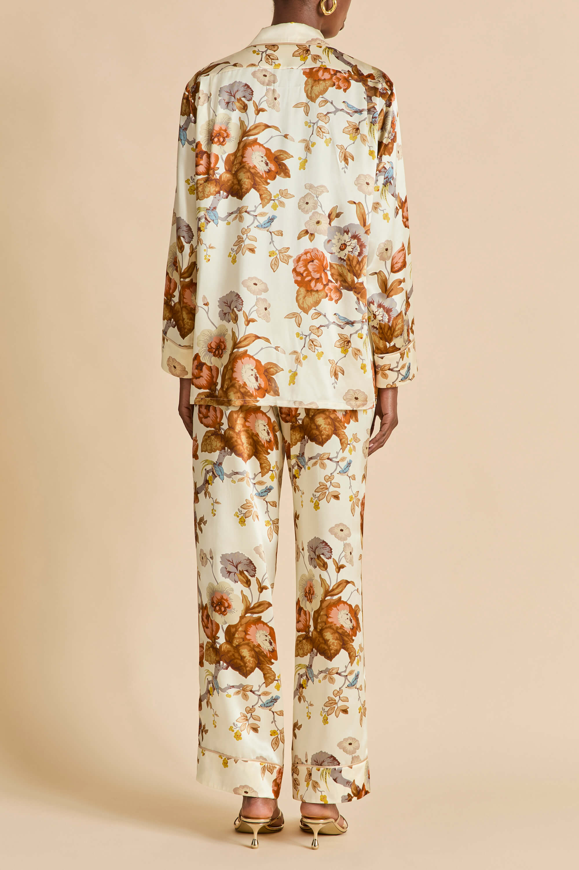 Yves Violette Cream Floral Pajamas in Silk Satin