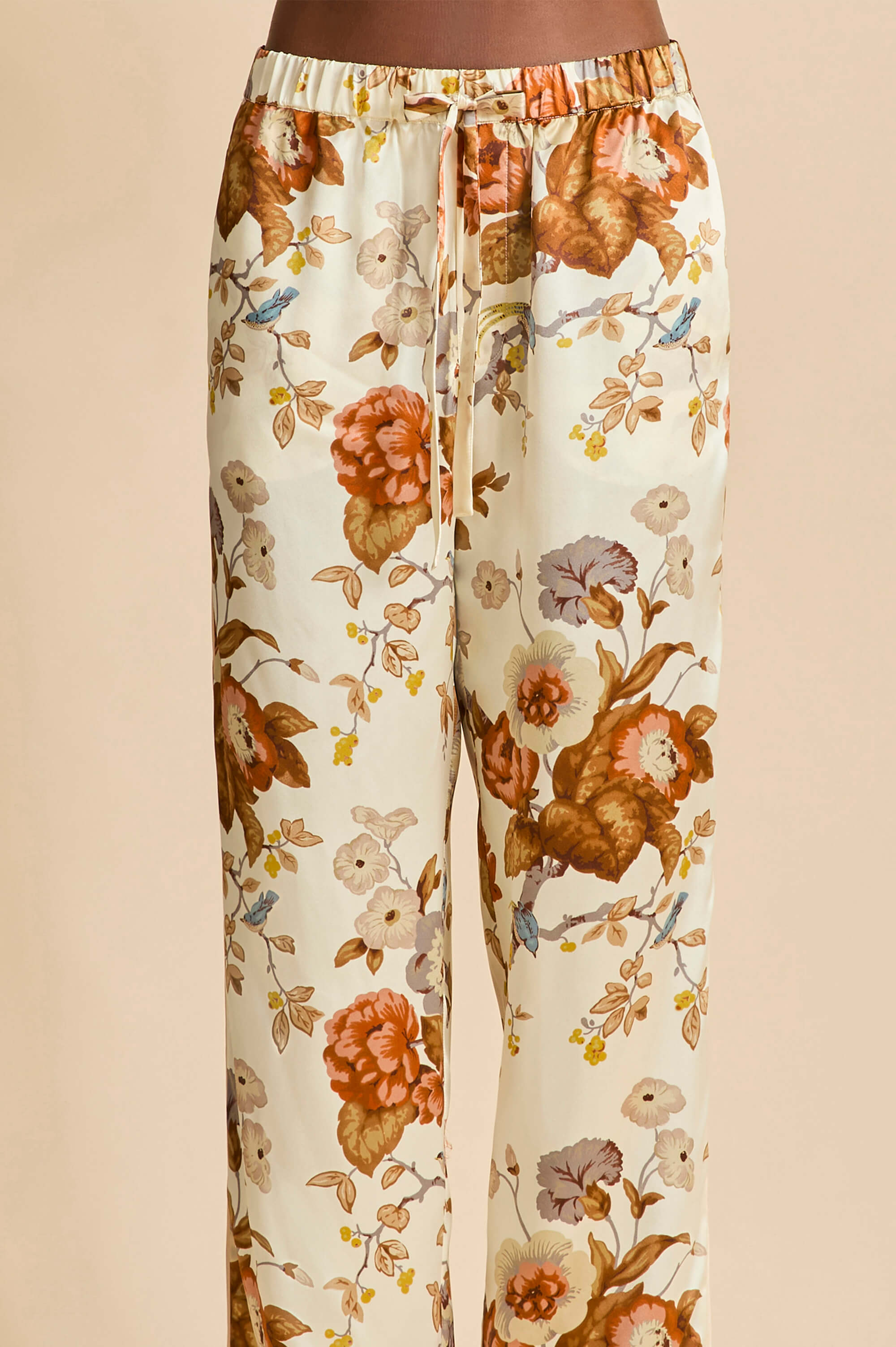 Yves Violette Cream Floral Pajamas in Silk Satin