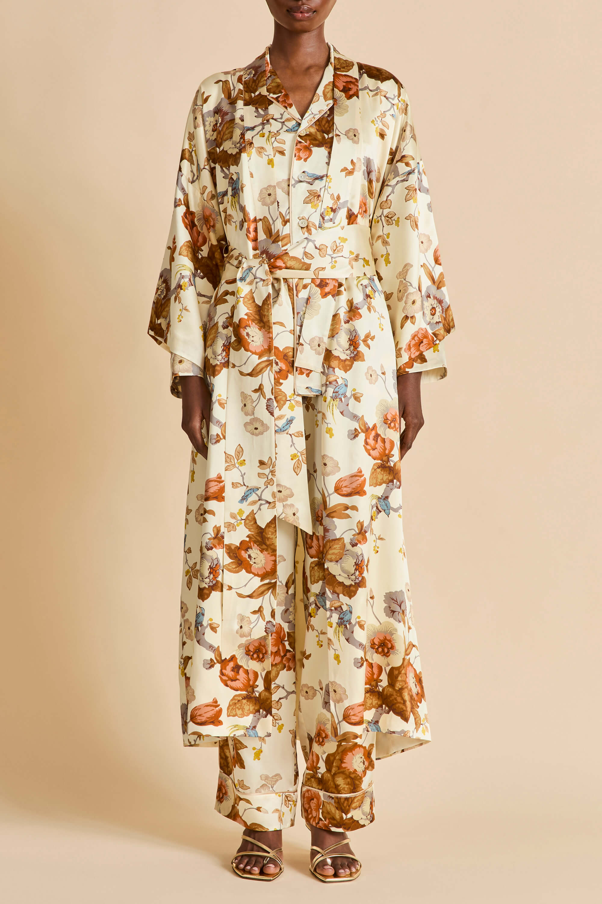 Yves Violette Cream Floral Pajamas in Silk Satin