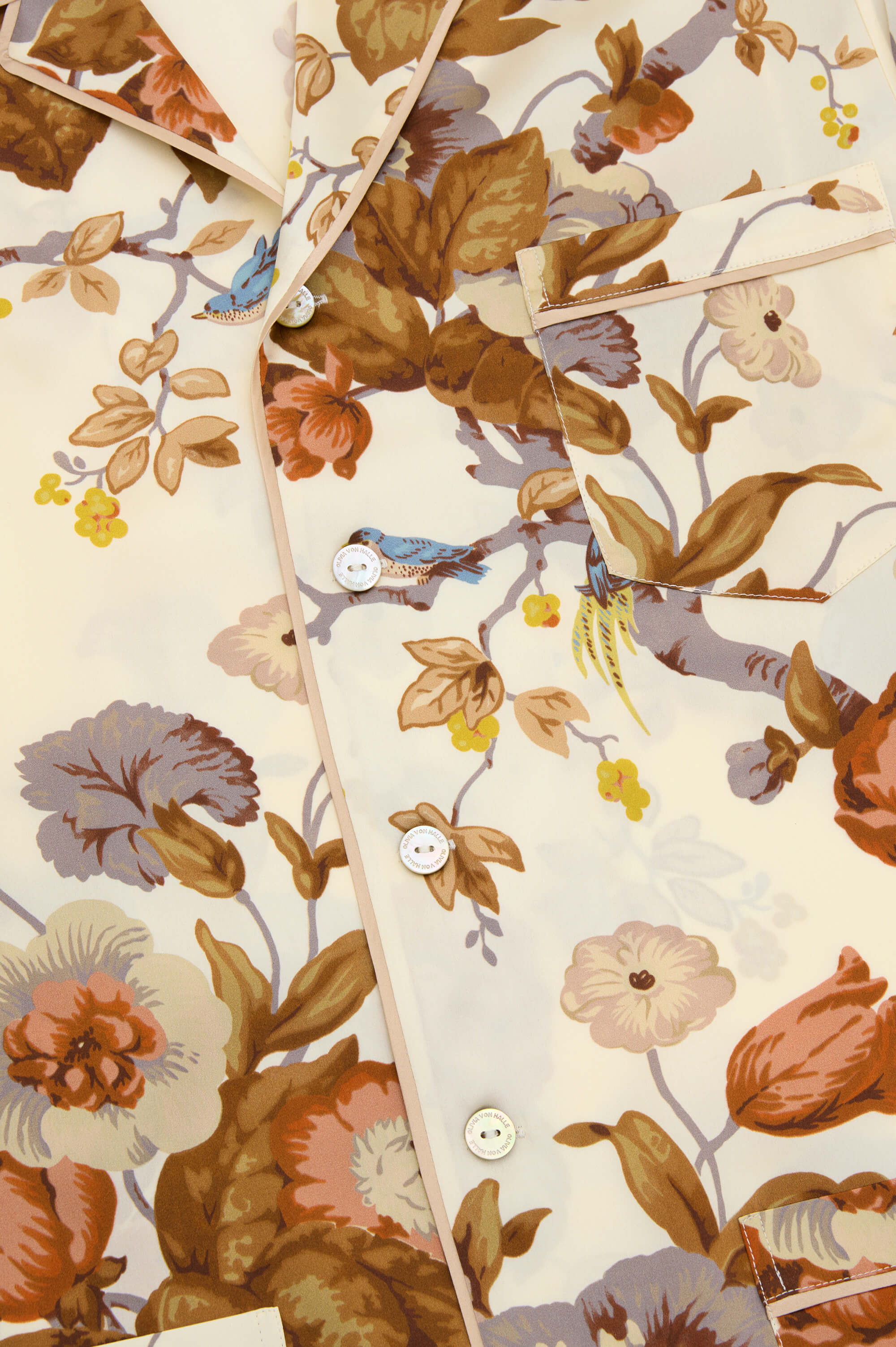 Yves Violette Cream Floral Pajamas in Silk Satin