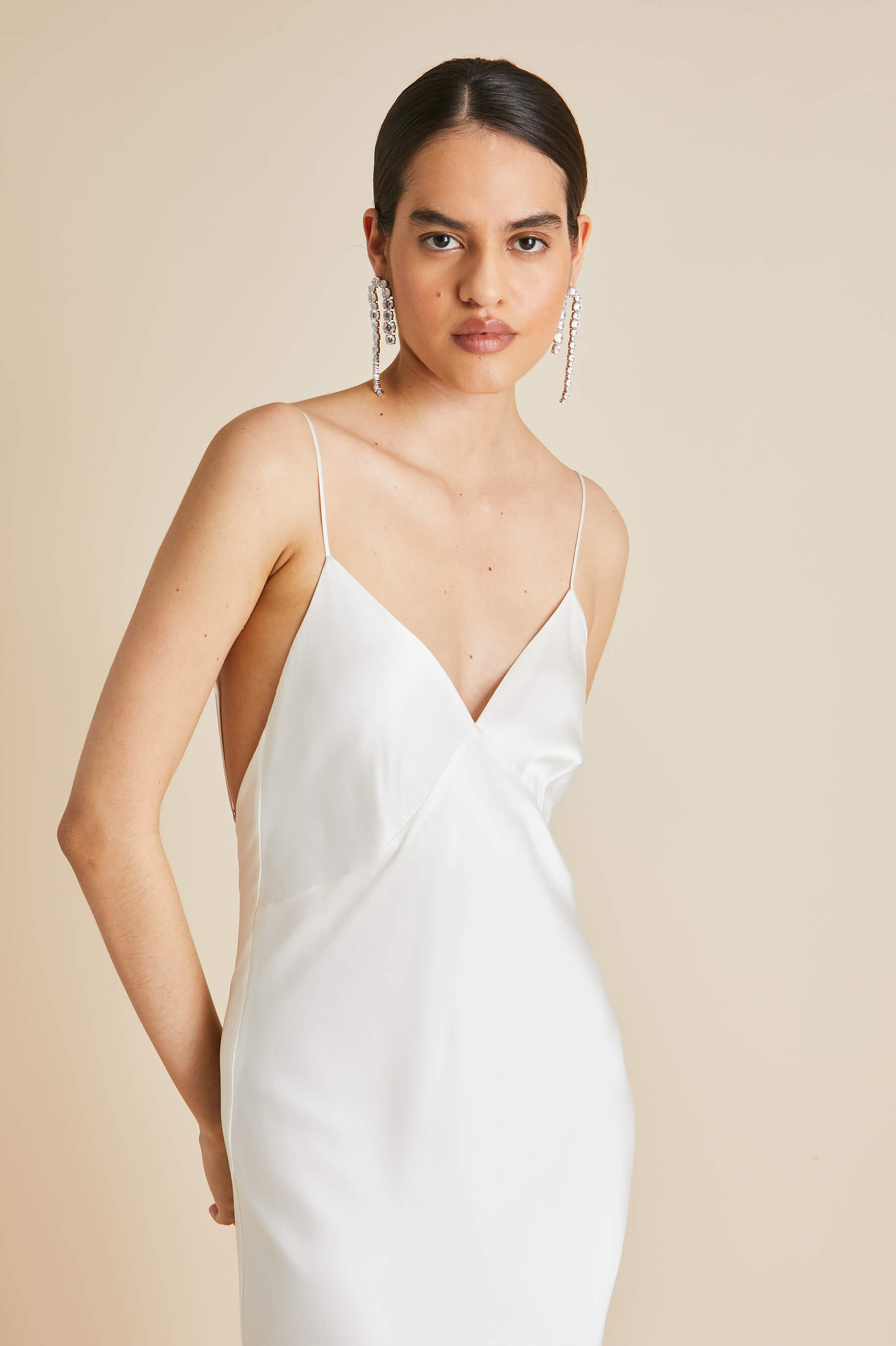 Zoya Ivory Fringed Slip Dress in Silk Satin Olivia von Halle