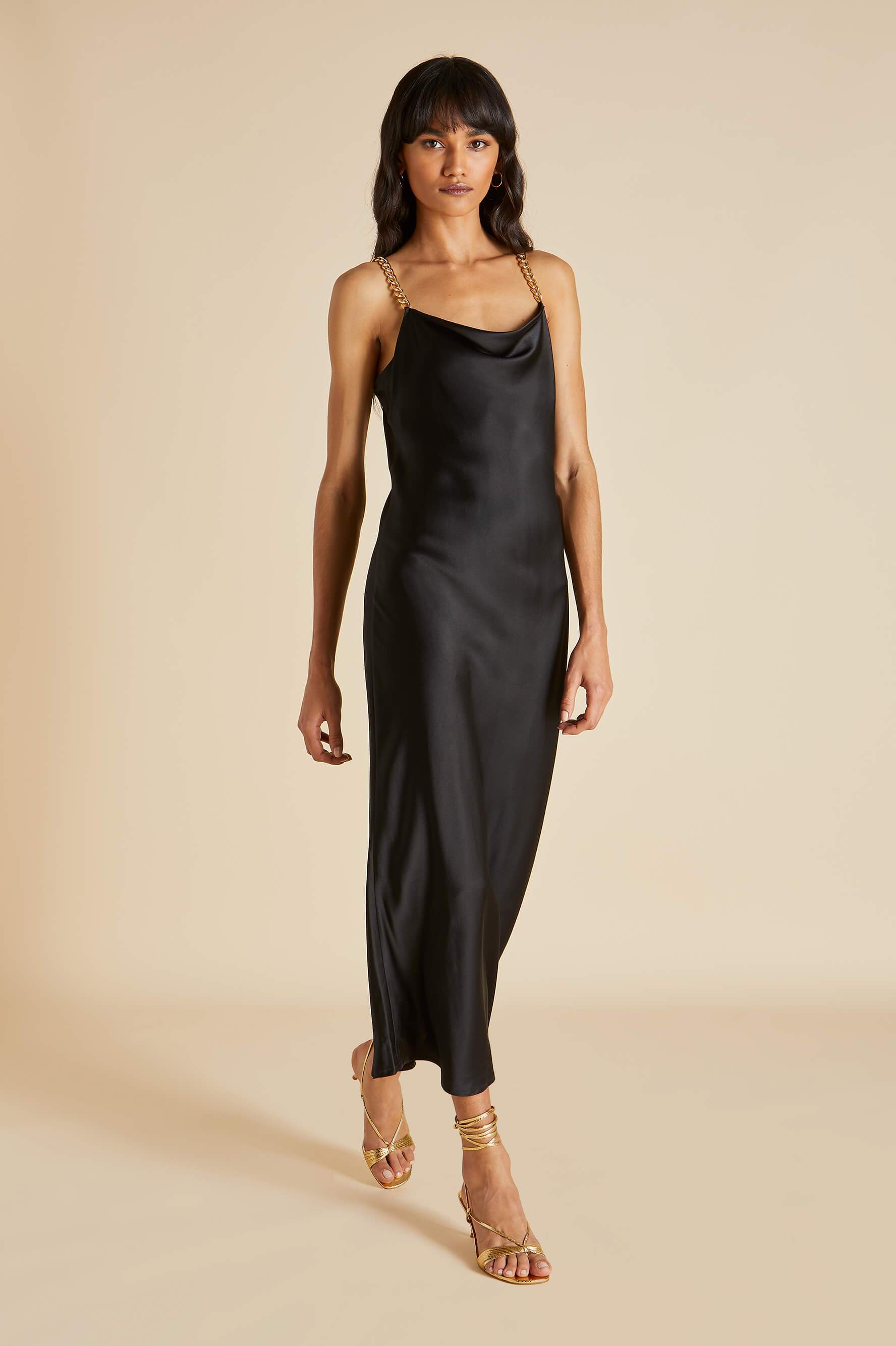 Olivia von Halle | The Bibi Jet Black | Chain Strap Luxury Silk Slip Dress