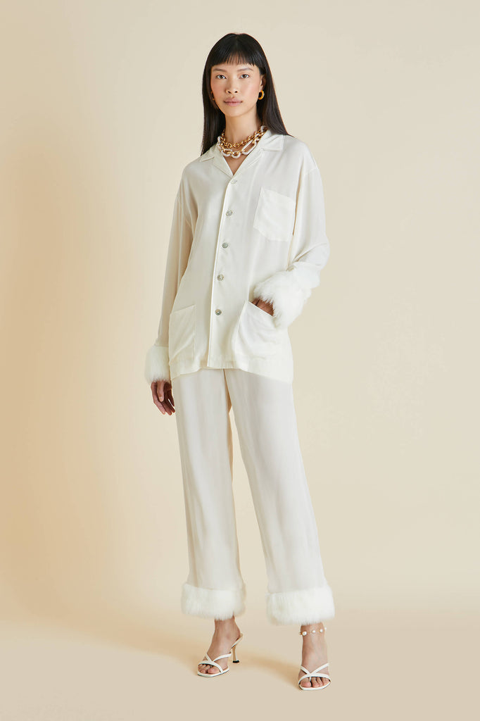 Casablanca Kiki Silk Crêpe de Chine Faux Fur Pyjama Set