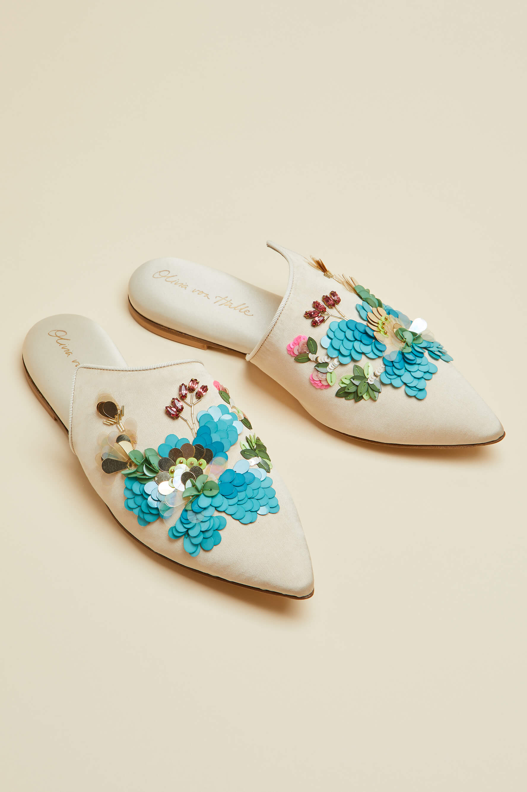 Contessa Caladrius Cream Floral Silk Satin Slippers