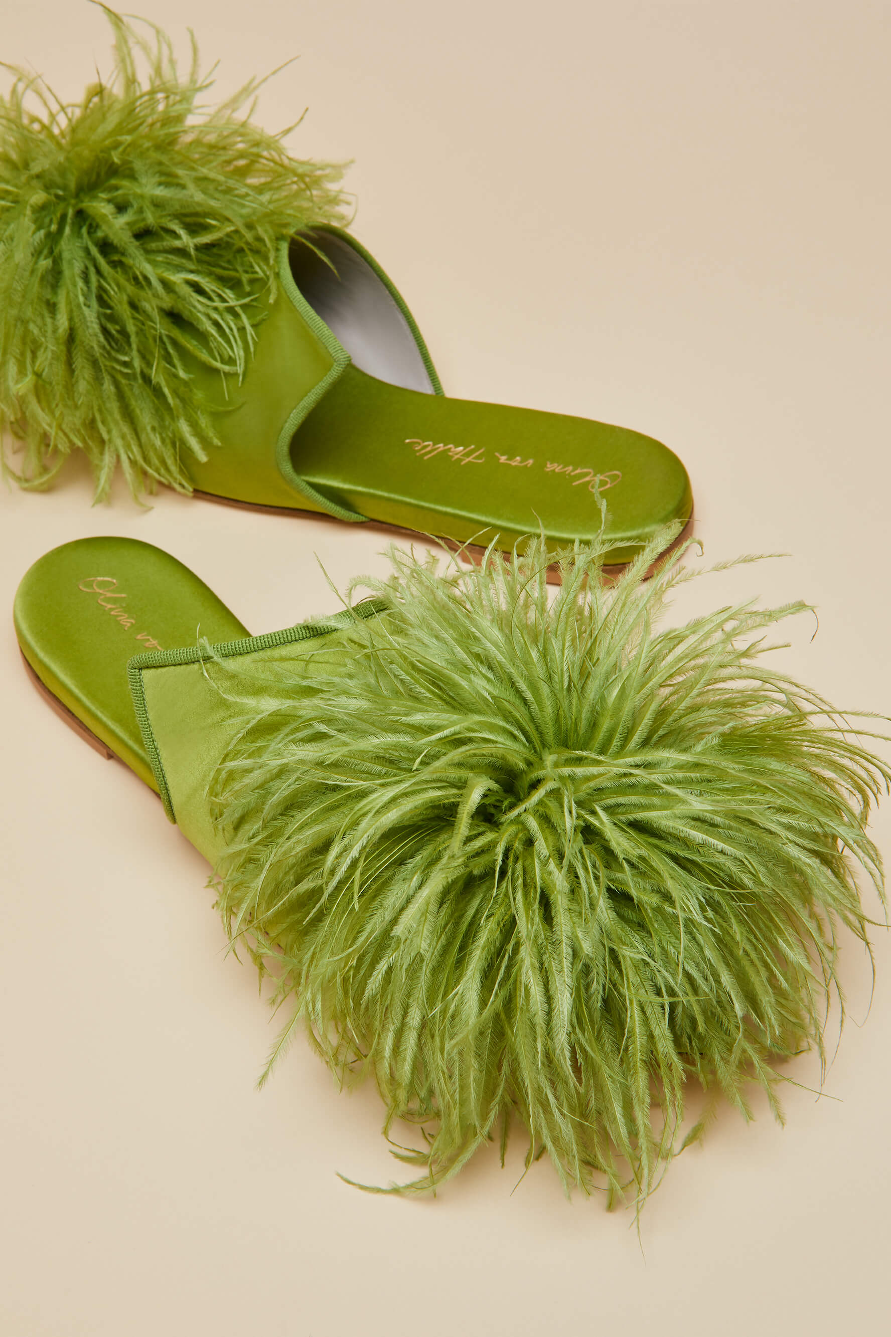 Contessa Niko Green Slippers in Silk Feather