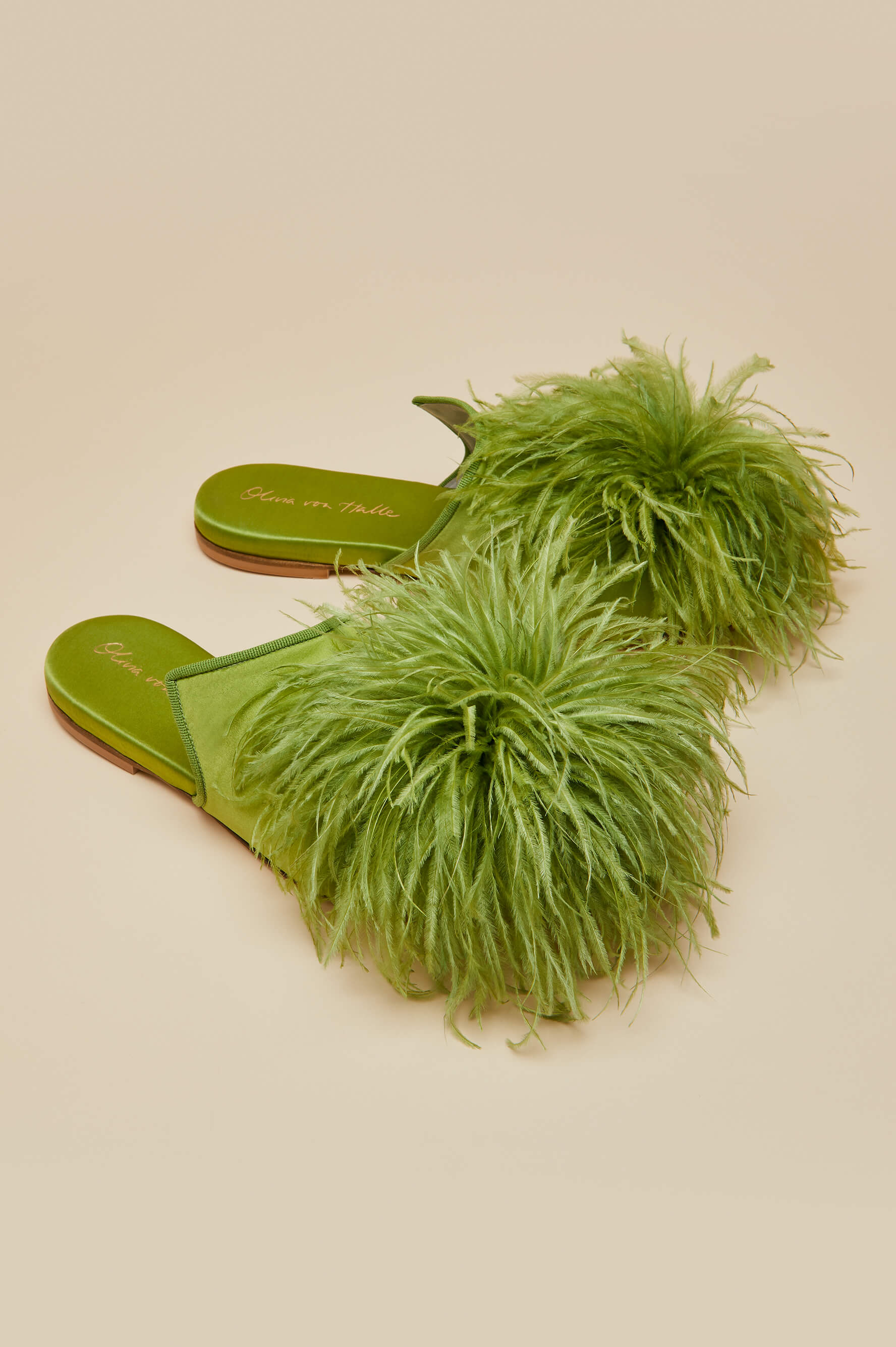 Contessa Niko Green Slippers in Silk Feather