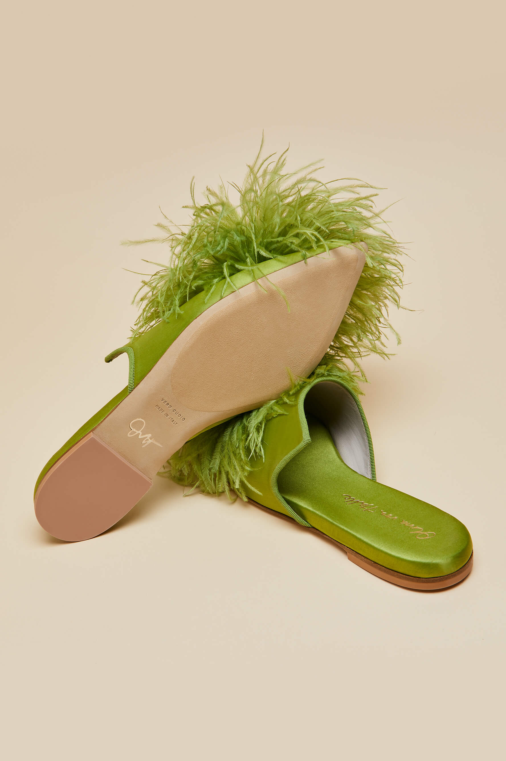 Contessa Niko Green Slippers in Silk Feather