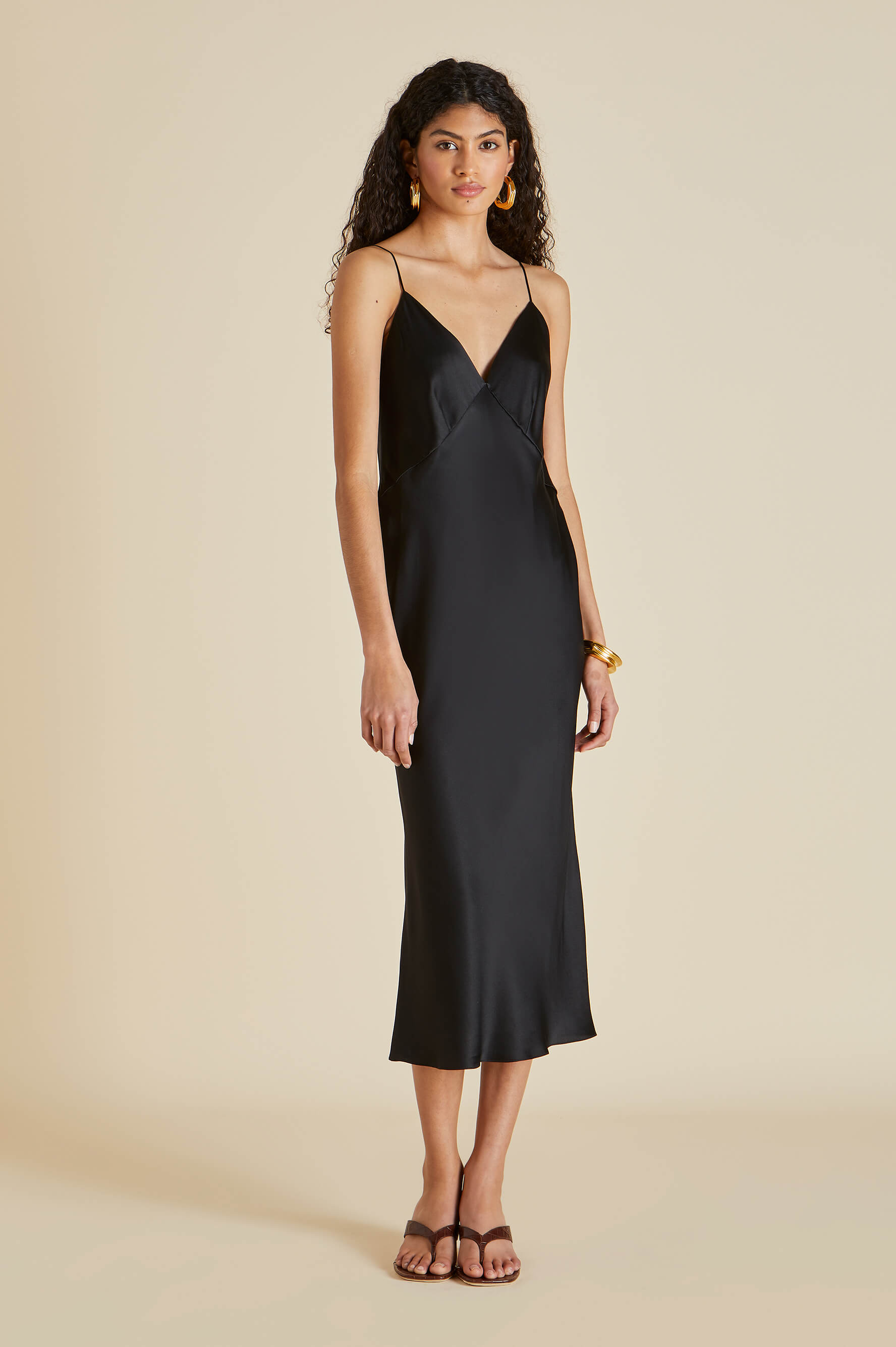Issa Jet Black Slip Dress in Silk Satin | Olivia von Halle